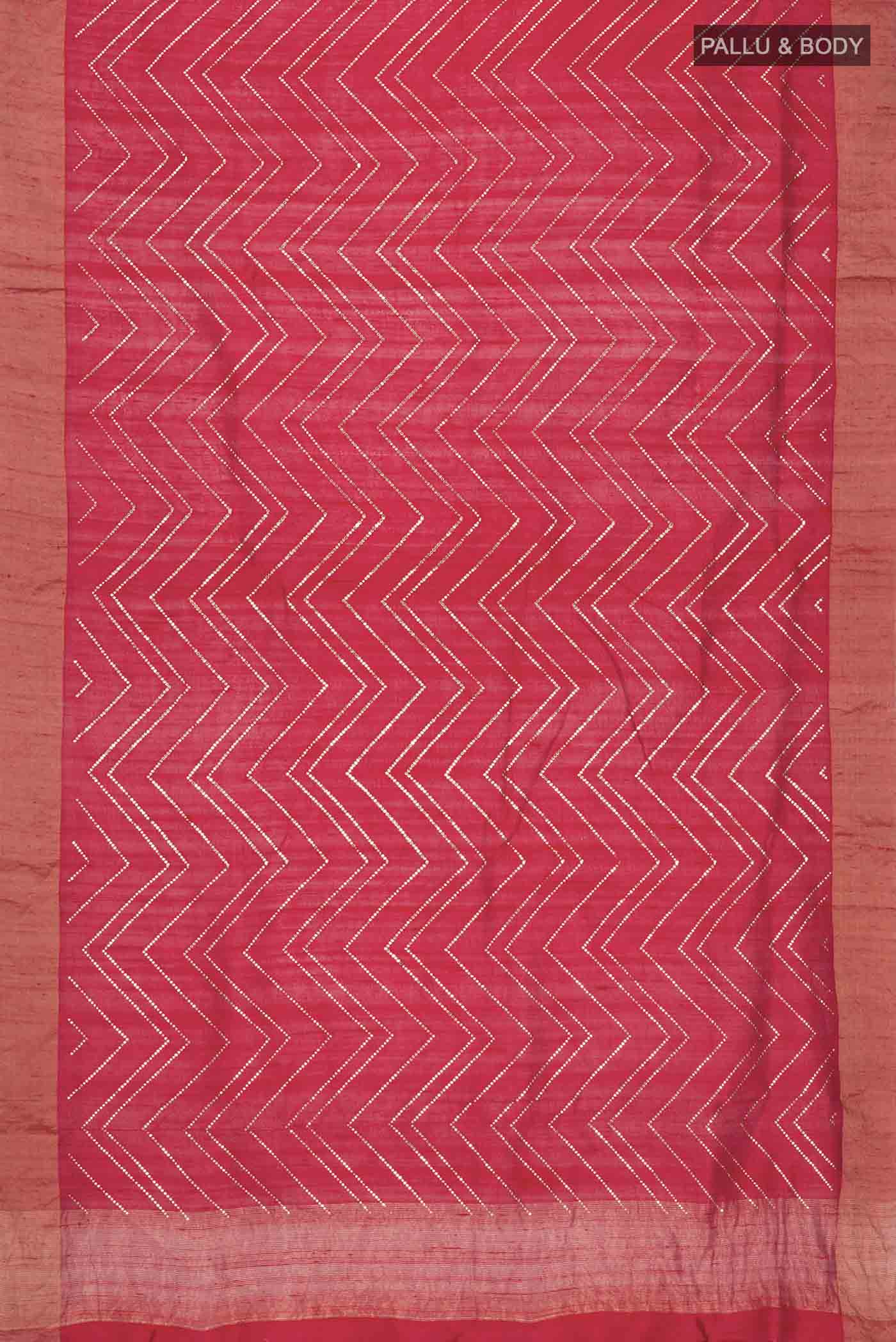 Flat view of Red Raw Silk Saree with Embroidery on the body and Zari Border
