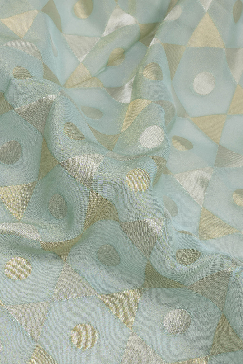 Close up of Light Green Dual Tone Organza Silk Saree with Zari Brocade on the body and Embroidery Border.  displaying folds