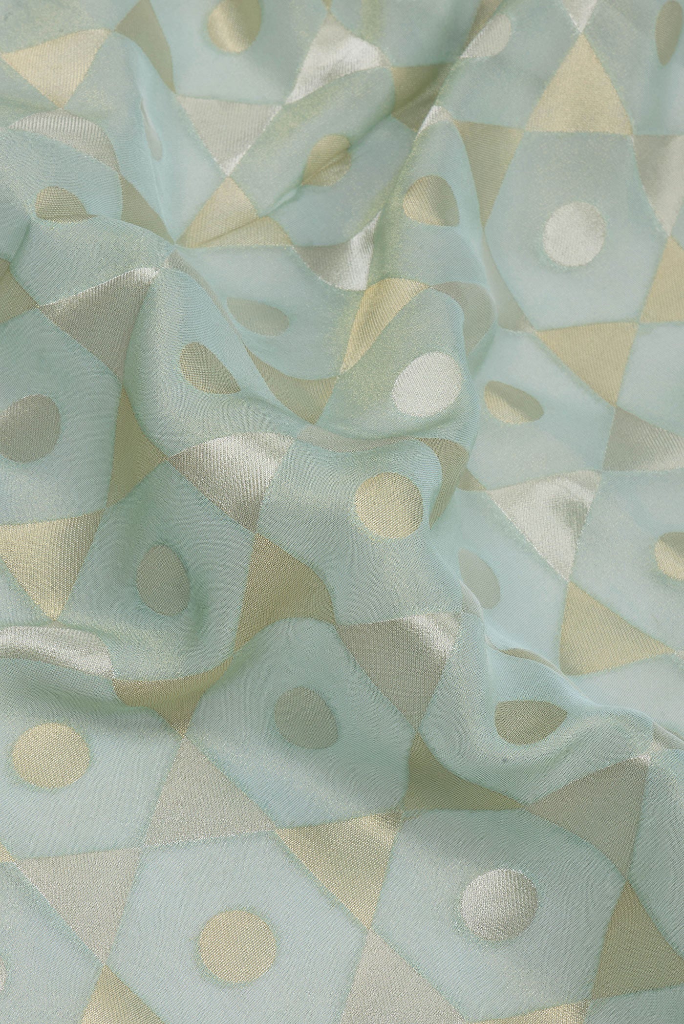 Close up of Light Green Dual Tone Organza Silk Saree with Zari Brocade on the body and Embroidery Border.  displaying folds