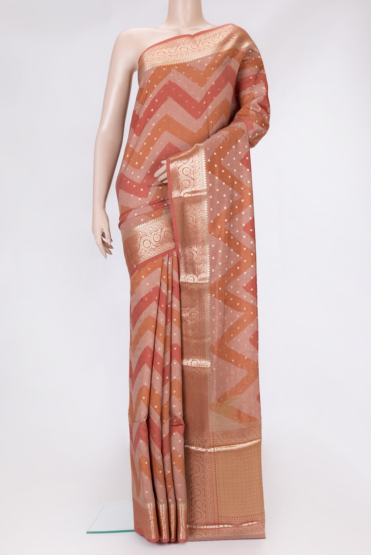 Brown Dual Tone Tussar Silk Saree with Zari Butta on the body and Zari Border.  displayed on a mannequin