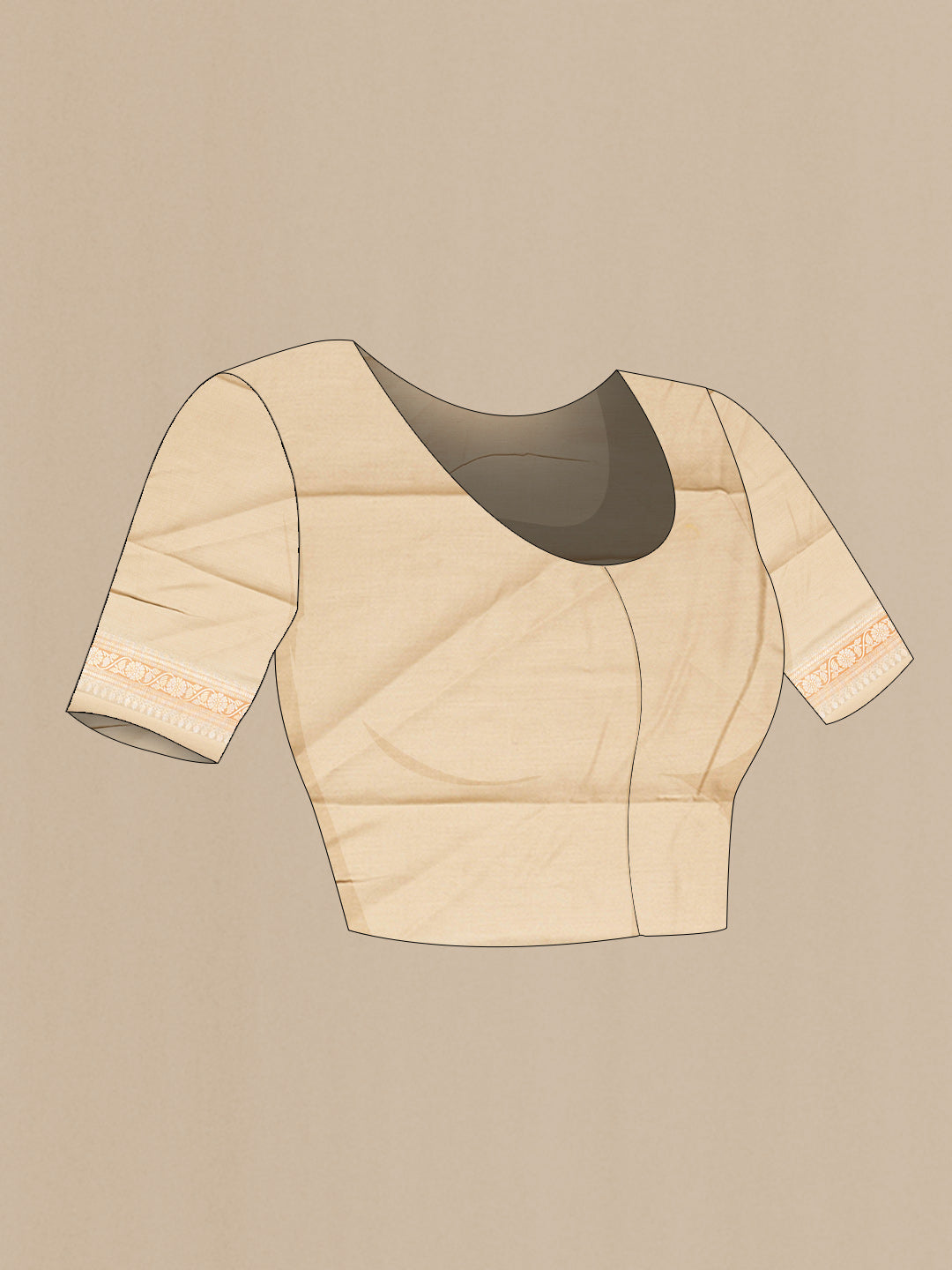 Close up image of the blouse of Beige Dual Tone Tussar Silk Saree with Zari Brocade on the body and Zari Border. 