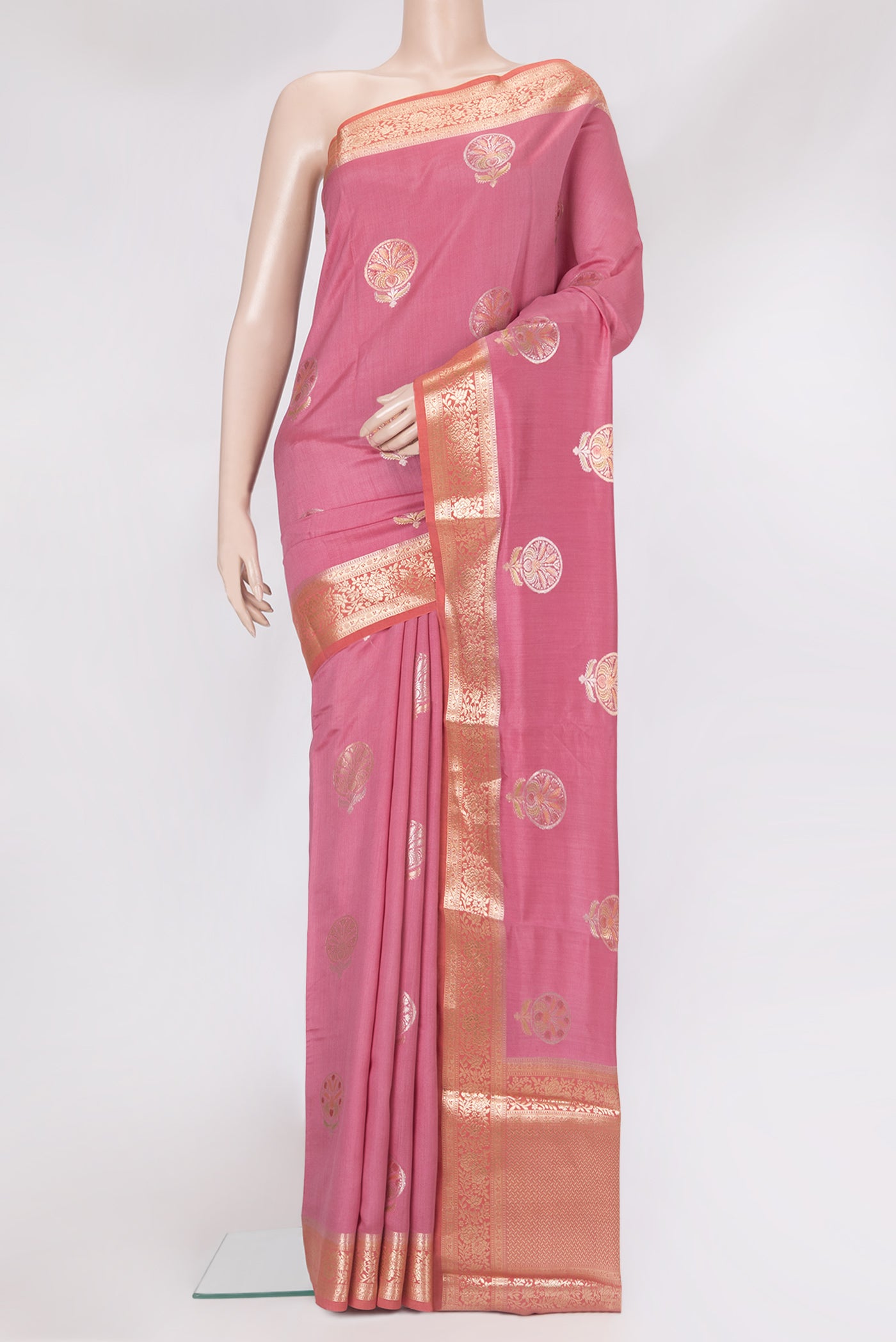 Pink Dual Tone Tussar Silk Saree with Zari Butta on the body and Zari Border.  displayed on a mannequin