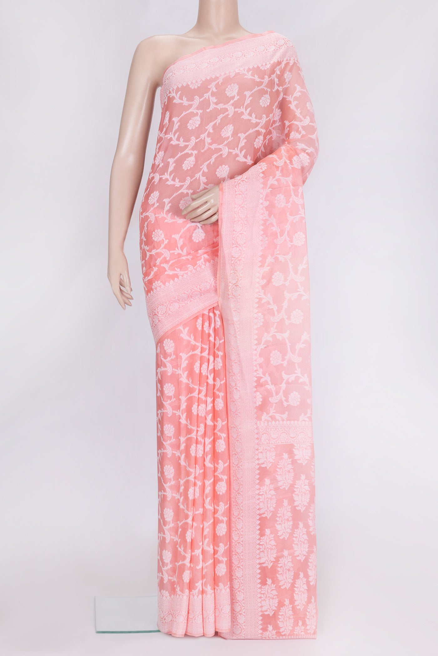 Pink Dual Tone Mysore Georgette Saree with Zari Brocade on the body and Thread Border.  displayed on a mannequin