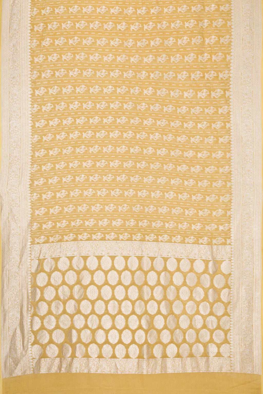 Flat view of Mehandi Green Dual Tone Banarasi Georgette Saree with Zari Brocade on the body and Zari Border. 