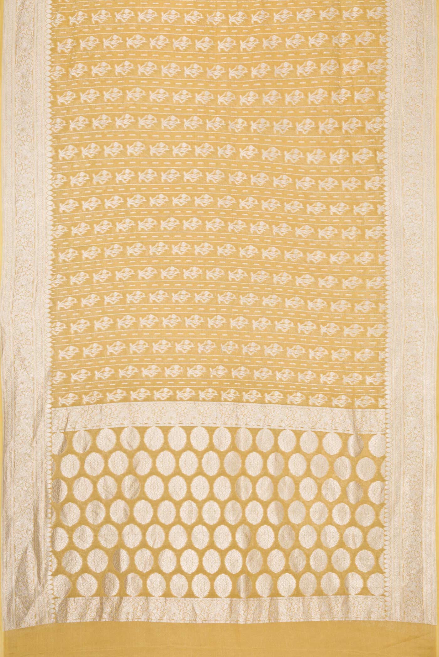 Flat view of Mehandi Green Dual Tone Banarasi Georgette Saree with Zari Brocade on the body and Zari Border. 