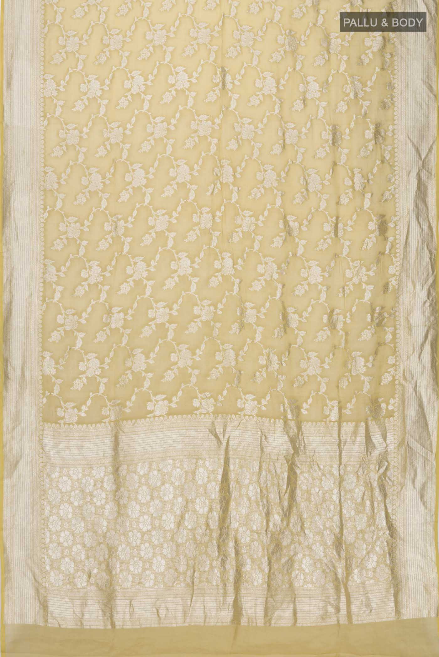 Flat view of Beige Banarasi Georgette Saree with Zari Butta on the body and Zari Border