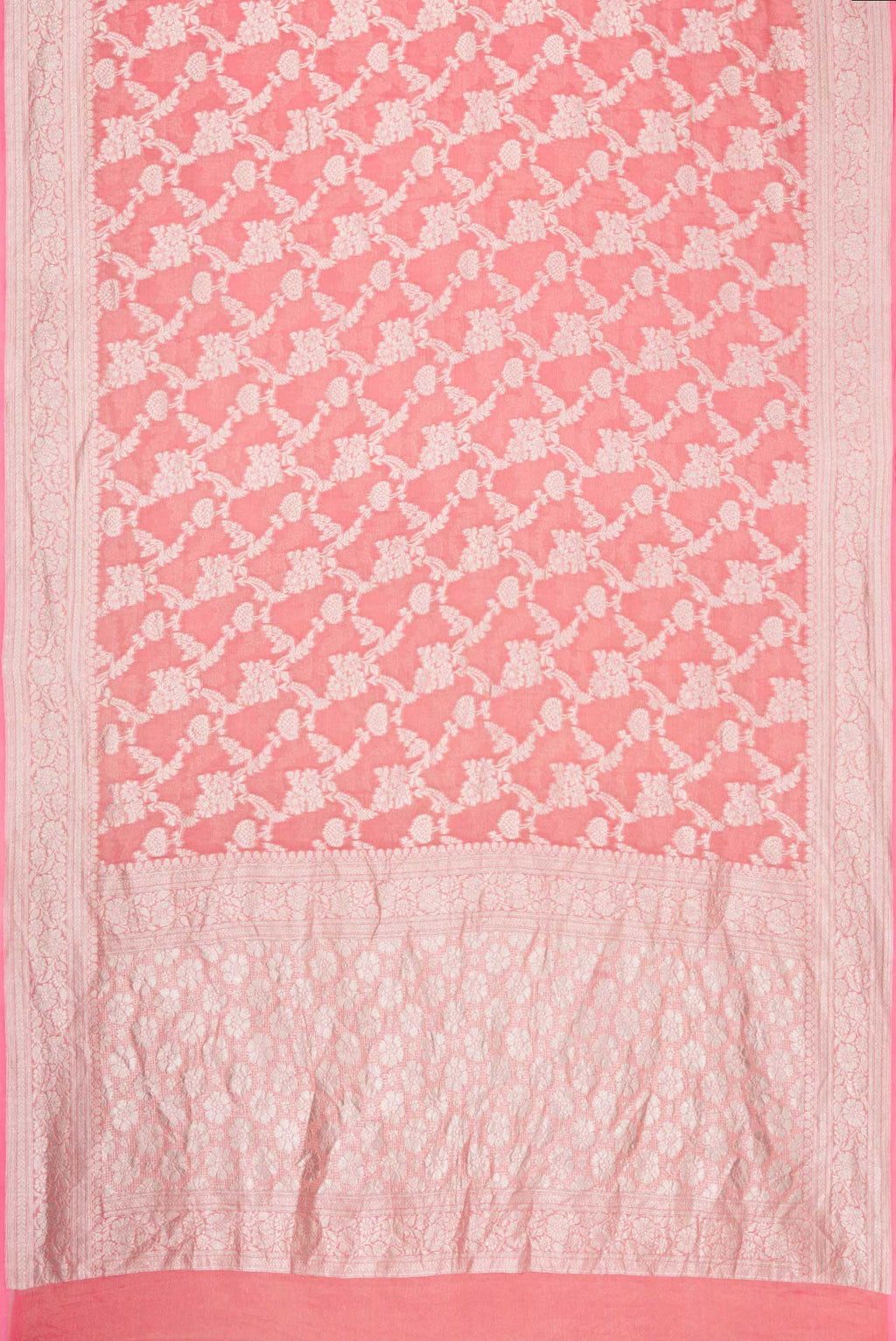 Flat view of Pink Dual Tone Banarasi Georgette Saree with Zari Brocade on the body and Zari Border. 