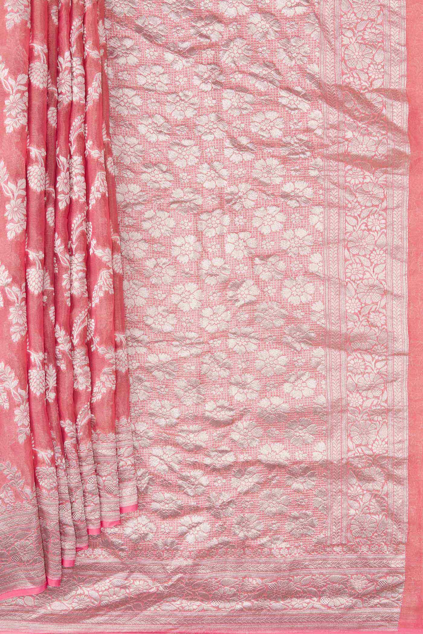 Pleats and pallu of Pink Dual Tone Banarasi Georgette Saree with Zari Brocade on the body and Zari Border. 