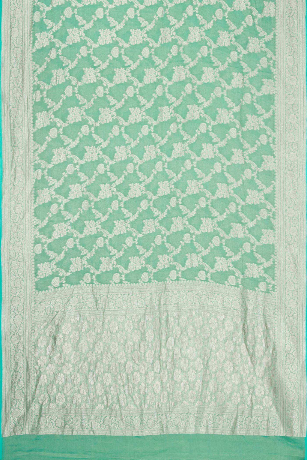 Flat view of Green Dual Tone Banarasi Georgette Saree with Zari Brocade on the body and Zari Border. 