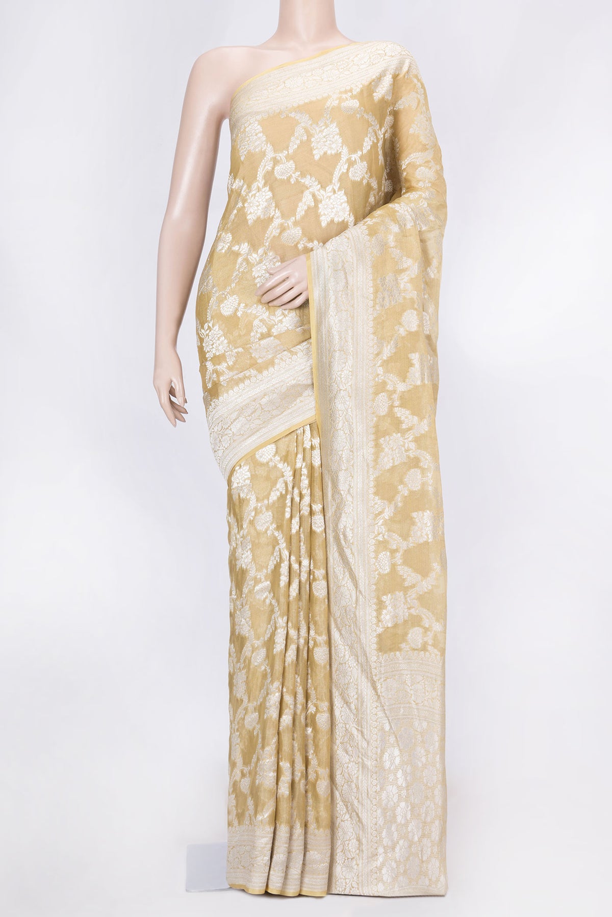 Caramel Dual Tone Mysore Georgette Saree with Zari Brocade on the body and Zari Border displayed on a mannequin