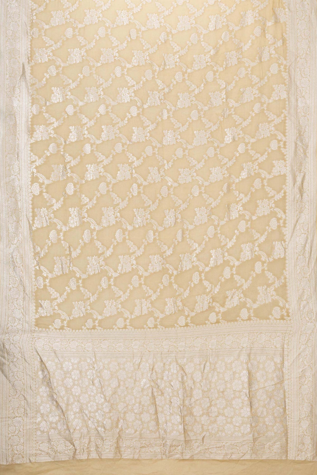 Flat view of Caramel Dual Tone Mysore Georgette Saree with Zari Brocade on the body and Zari Border