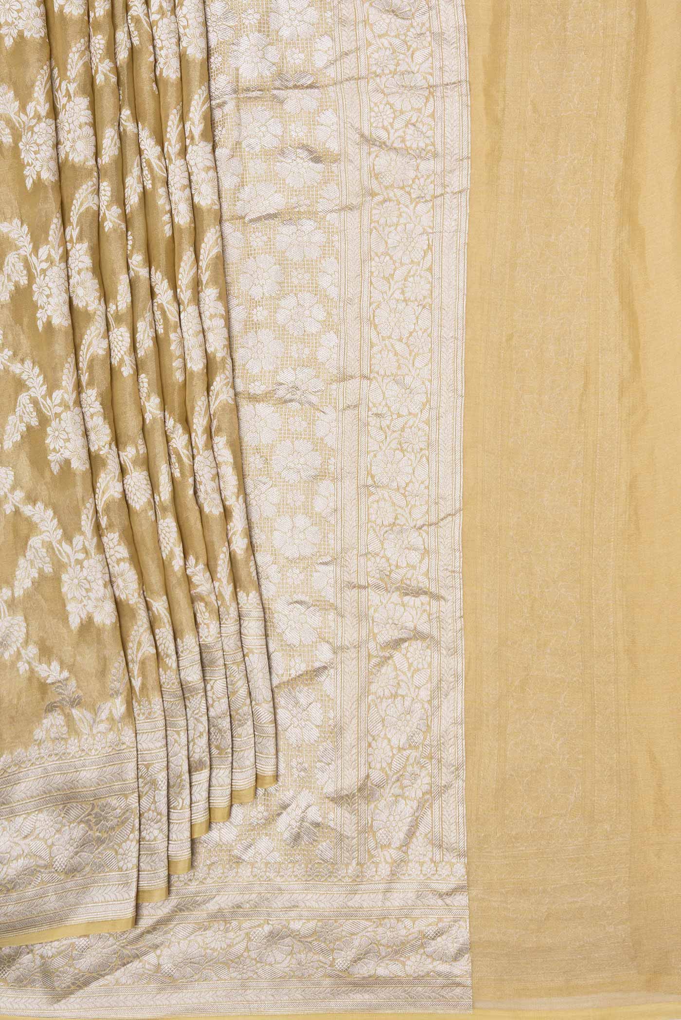 Pleats and pallu of Caramel Dual Tone Mysore Georgette Saree with Zari Brocade on the body and Zari Border