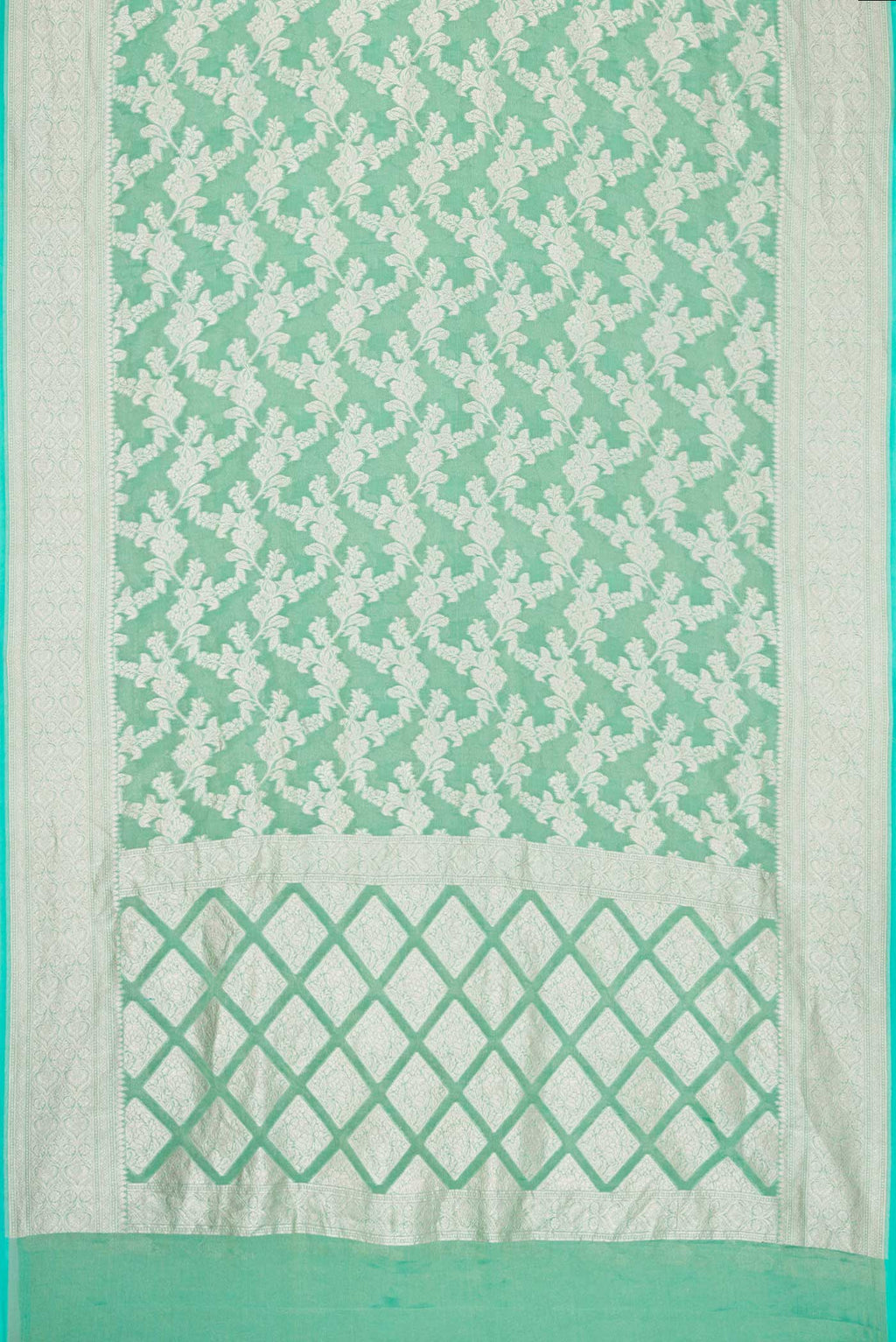 Flat view of Green Dual Tone Banarasi Georgette Saree with Zari Brocade on the body and Zari Border. 