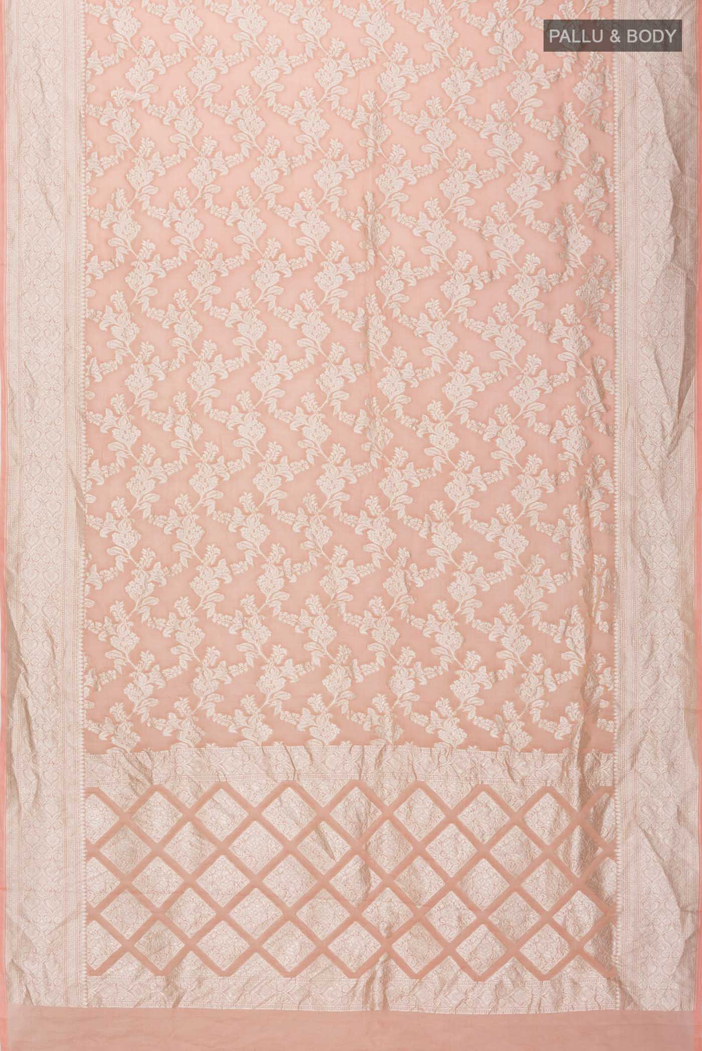 Flat view of Peach Banarasi Georgette Saree with Zari Butta on the body and Zari Border