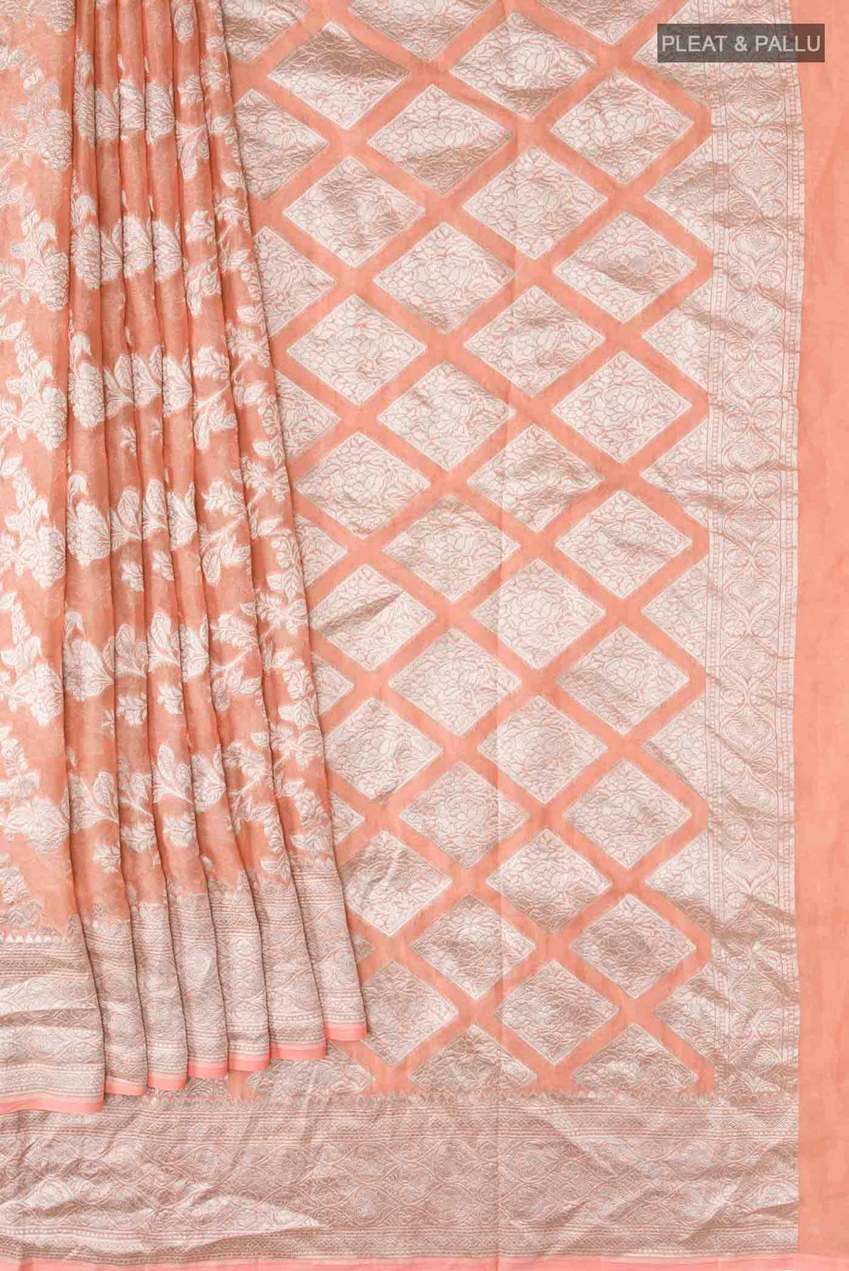 Pleats and pallu of Peach Banarasi Georgette Saree with Zari Butta on the body and Zari Border