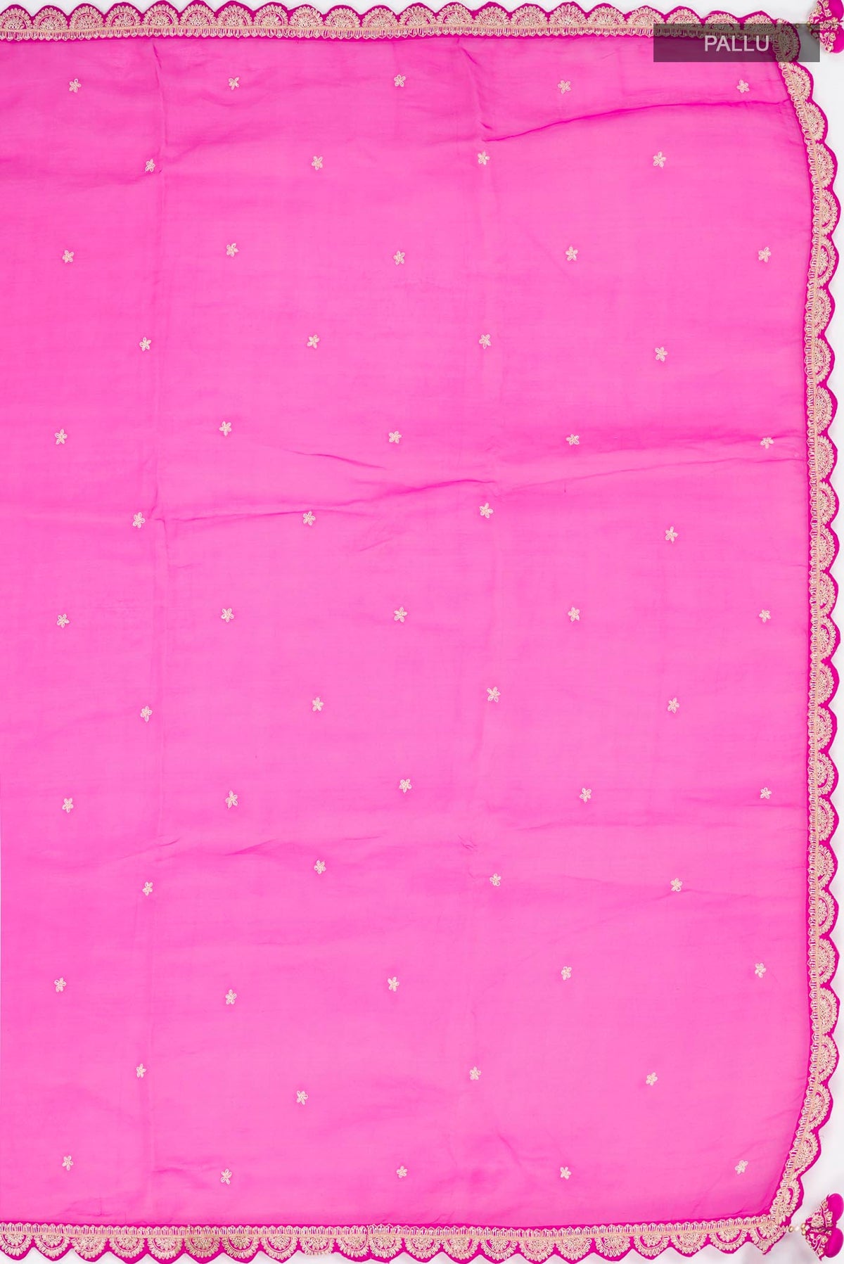Close up image of the pallu of Pink Organza Silk Saree with Embroidery on the body and Embroidery Border