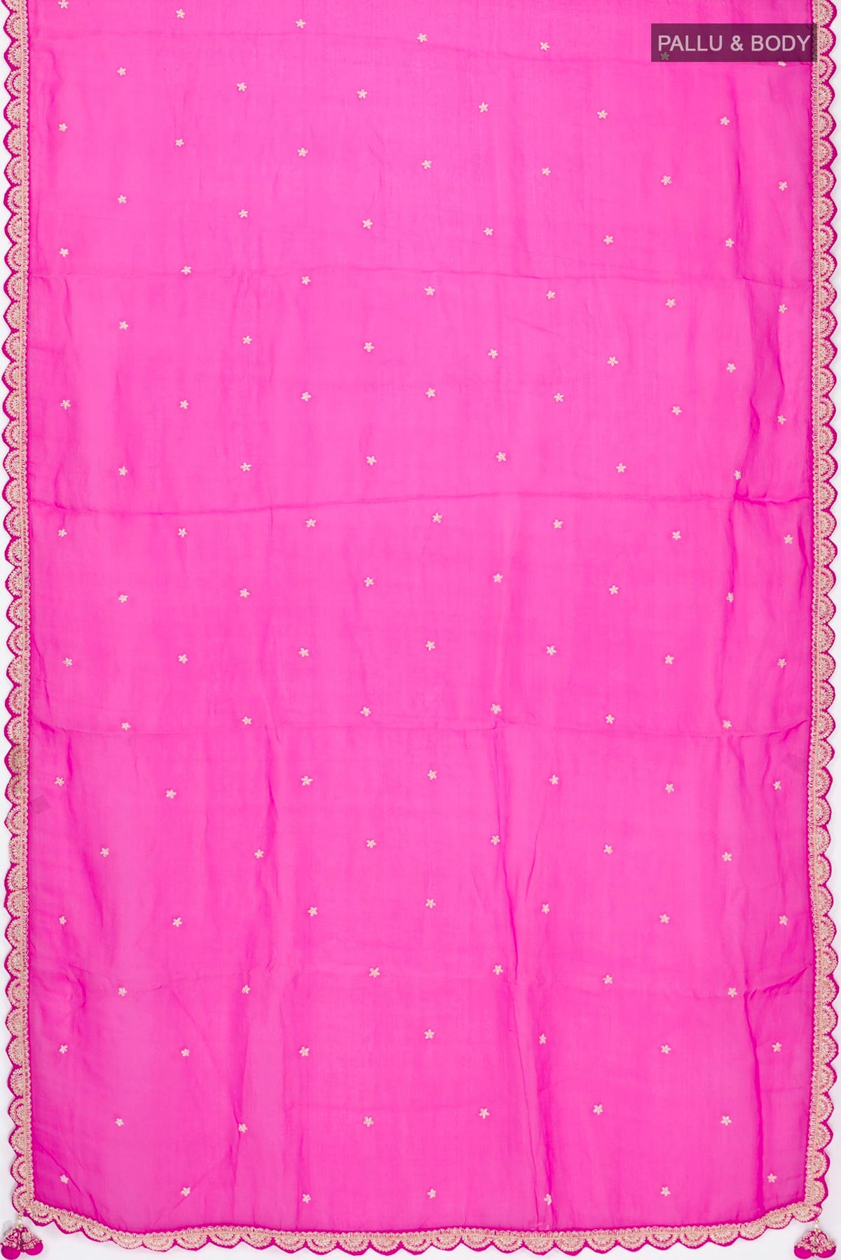 Flat view of Pink Organza Silk Saree with Embroidery on the body and Embroidery Border