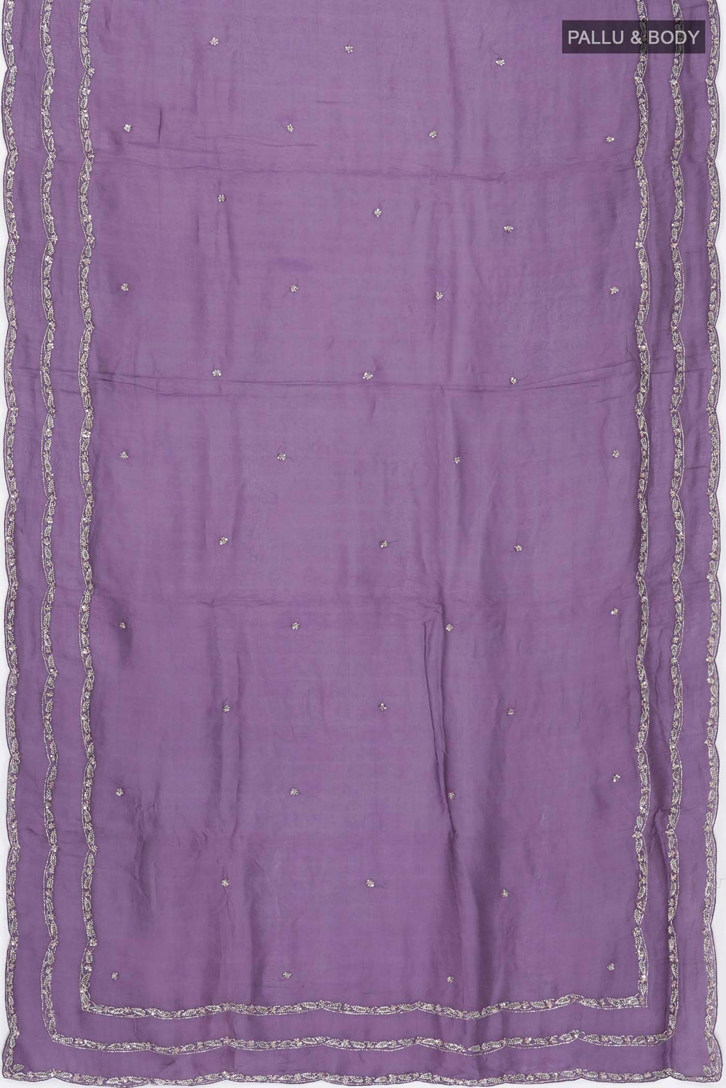 Flat view of Lilac Satin Silk Saree with Plain Body and Embroidery Border