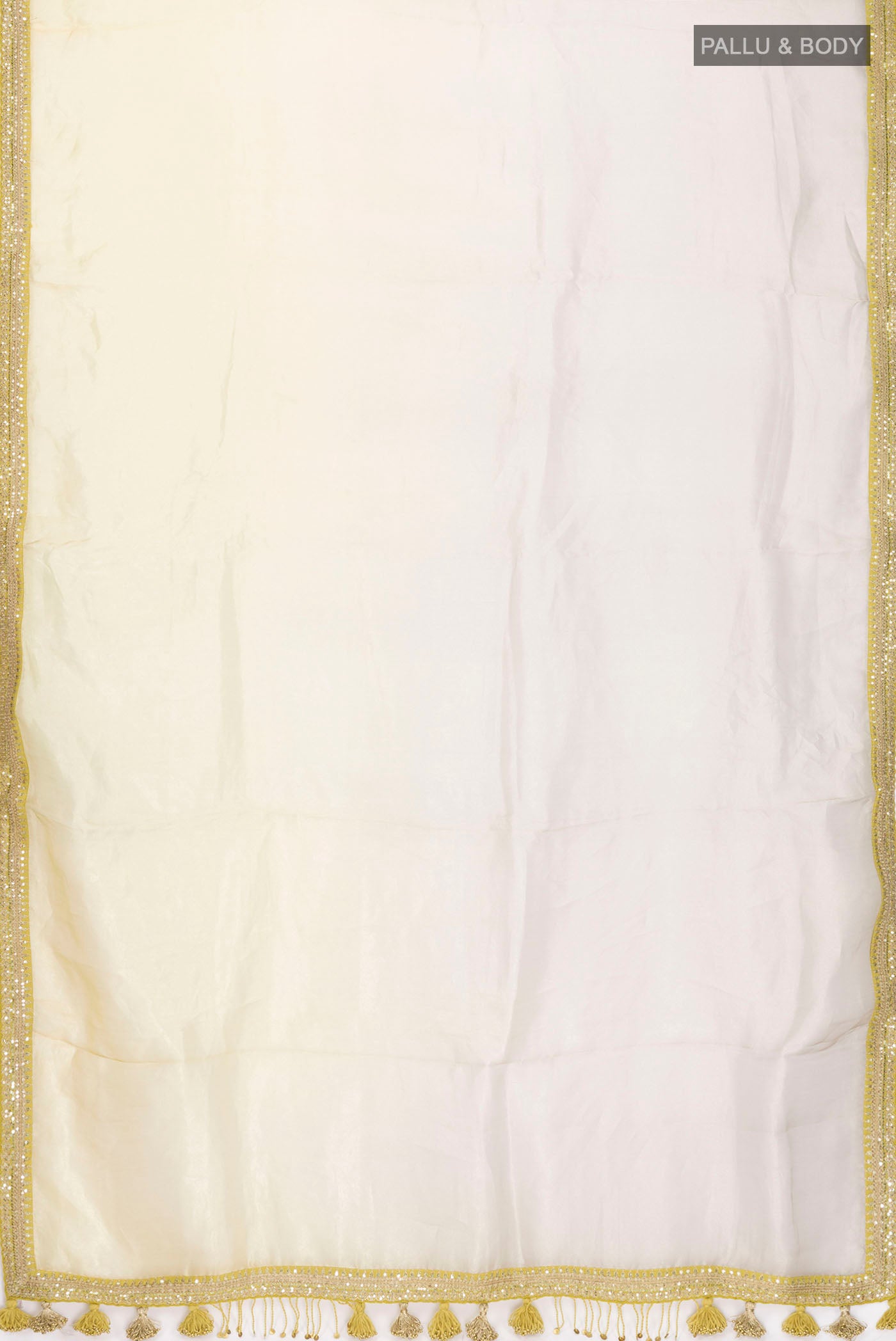 Flat view of Multi Color Tissue Silk Saree with Half And Half on the body and Embroidery Border