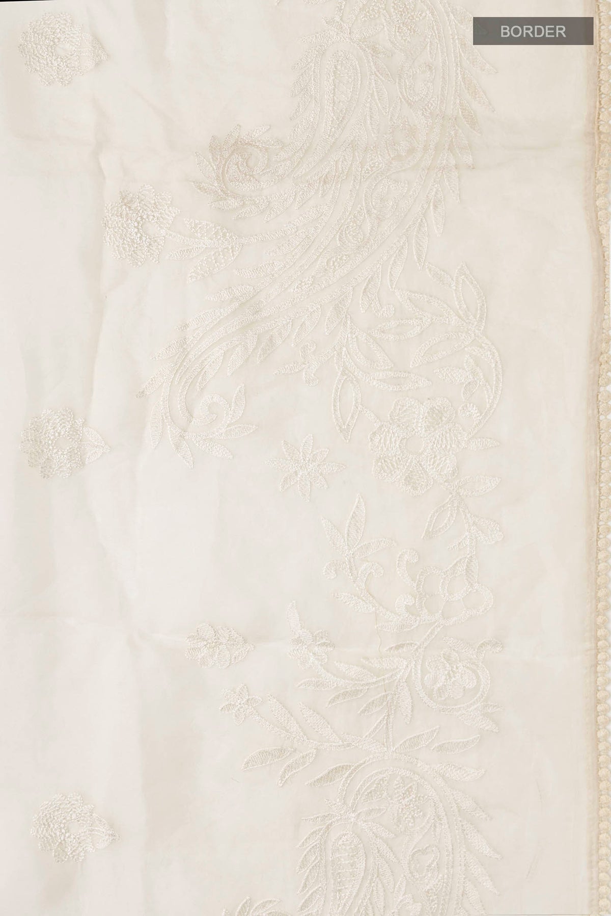 Border image of Off White Organza Silk Saree with Embroidery on the body and Embroidery Border