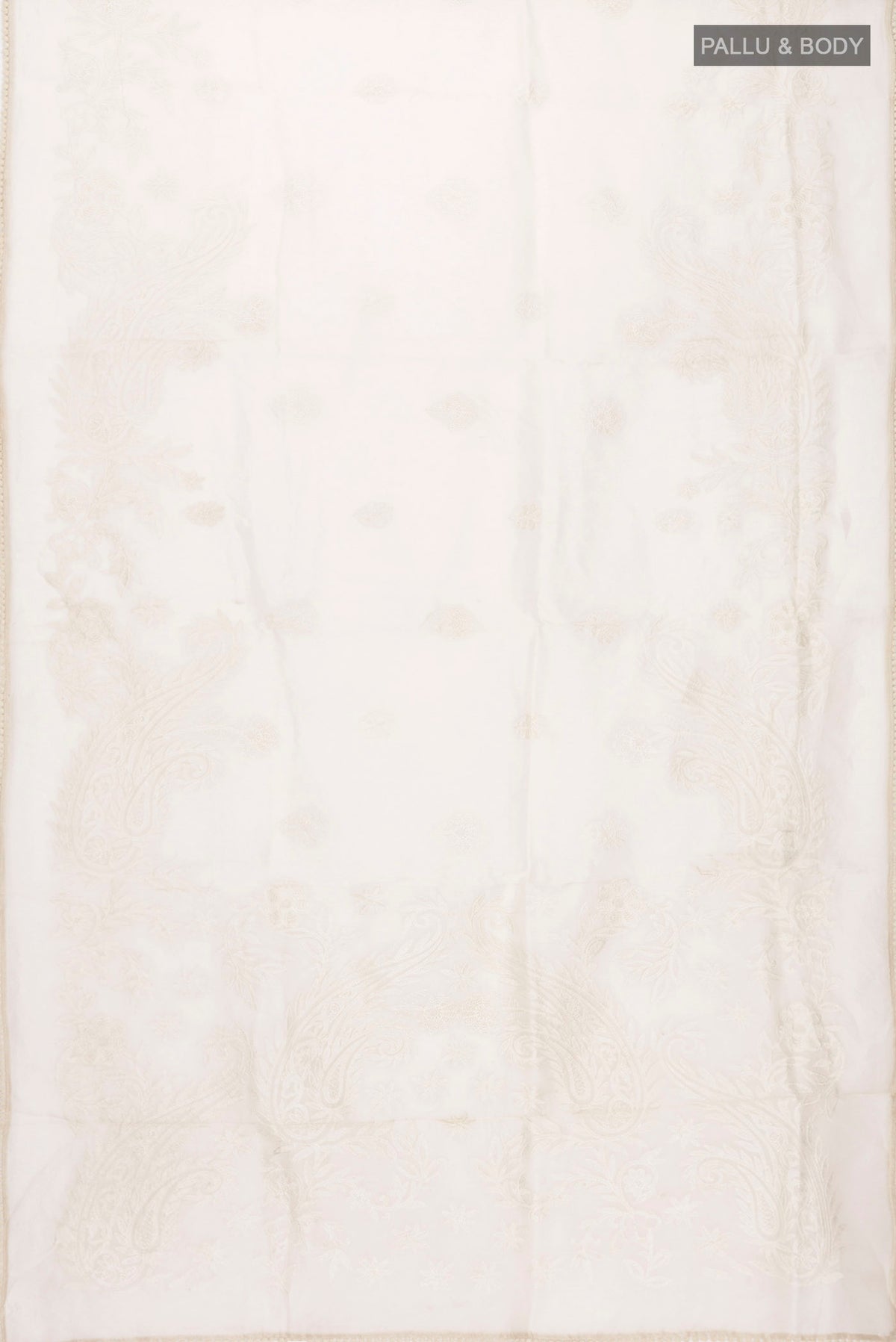 Flat view of Off White Organza Silk Saree with Embroidery on the body and Embroidery Border
