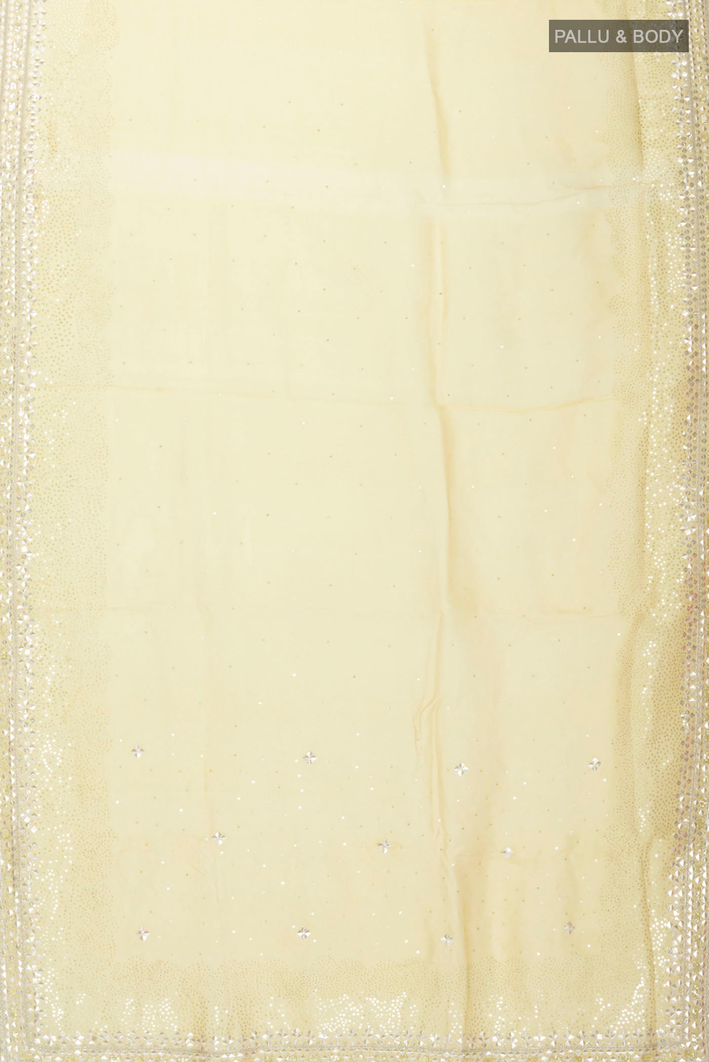 Flat view of Yellow Organza Silk Saree with Embroidery on the body and Embroidery Border