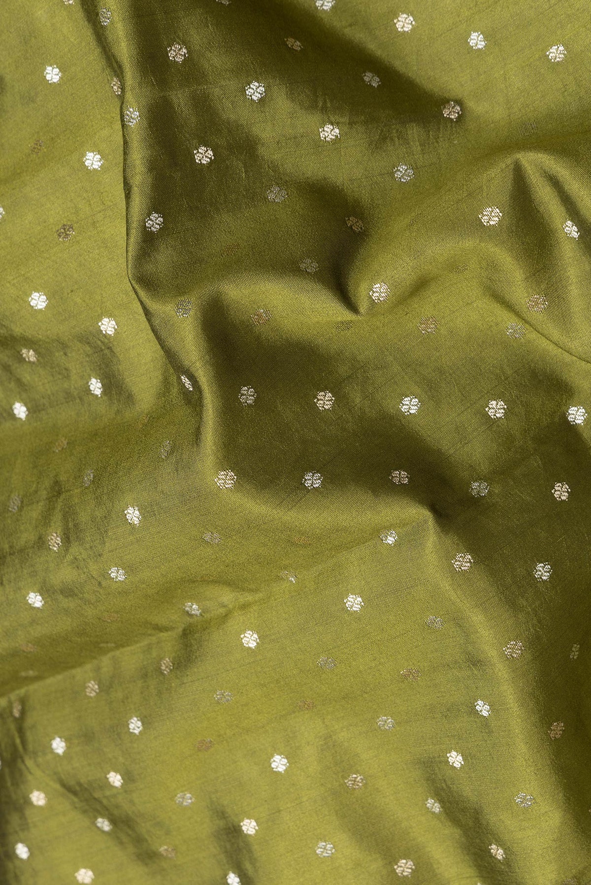 Close up of Mehandi Green Dual Tone Tussar Silk Saree with Zari Butta on the body and Embroidery Border.  displaying folds