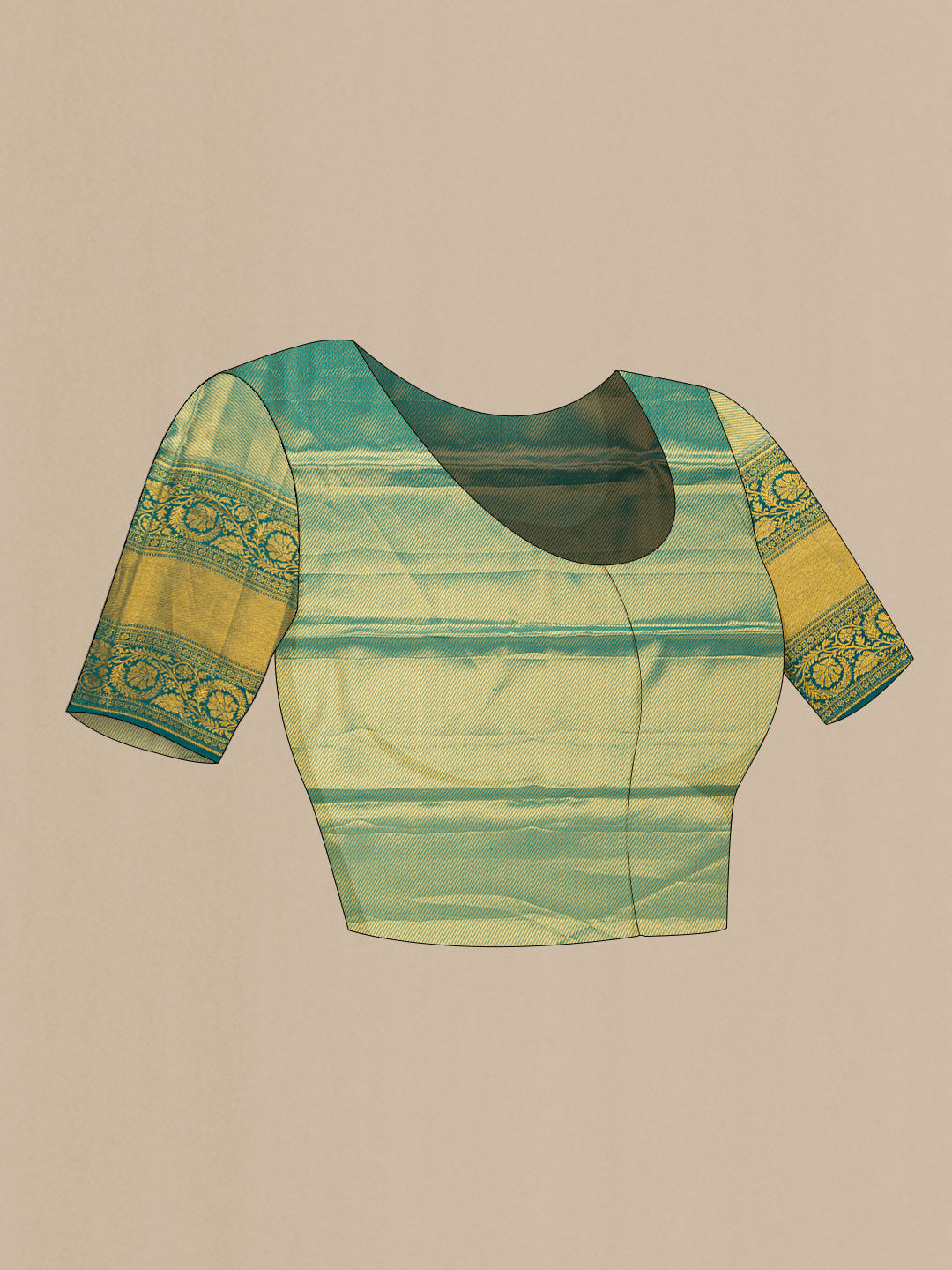 Close up image of the blouse of Rose Gold Dual Tone Kanchipuram Tissue Silk Saree with Zari Brocade on the body and Zari Border. 