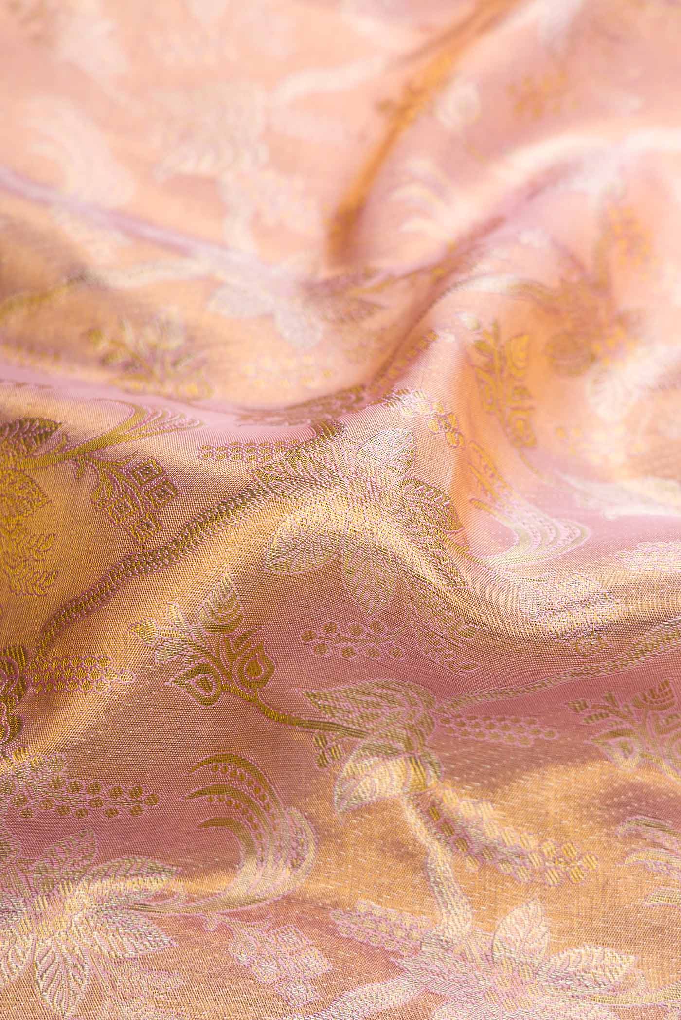Close up of Rose Gold Dual Tone Kanchipuram Tissue Silk Saree with Zari Brocade on the body and Zari Border.  displaying folds
