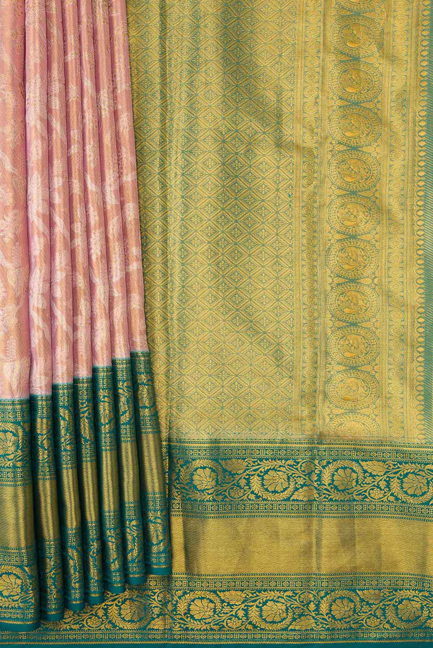 Pleats and pallu of Rose Gold Dual Tone Kanchipuram Tissue Silk Saree with Zari Brocade on the body and Zari Border. 