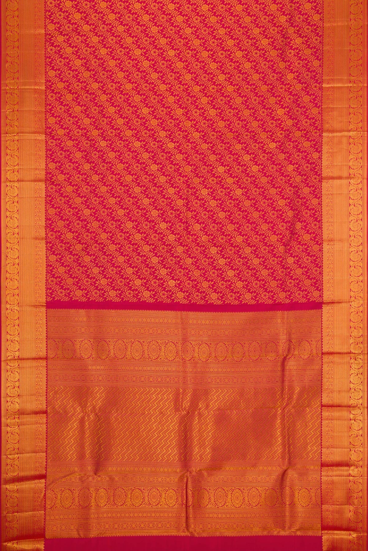 Flat view of Pink Dual Tone Kanjivaram Silk Saree with Zari Brocade on the body and Zari Border. 