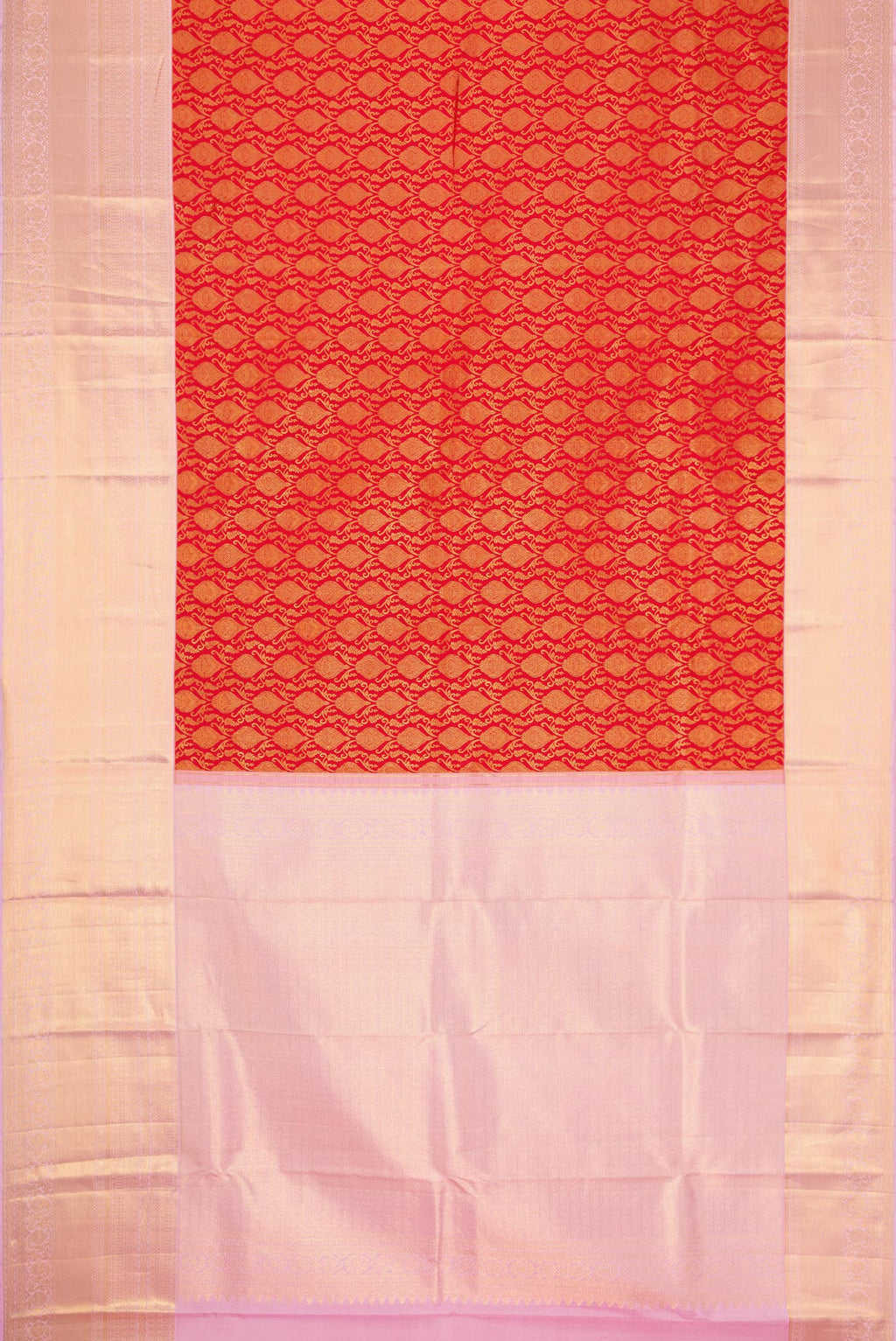 Flat view of Red Dual Tone Kanchipuram Silk Saree with Zari Brocade on the body and Zari Border. 