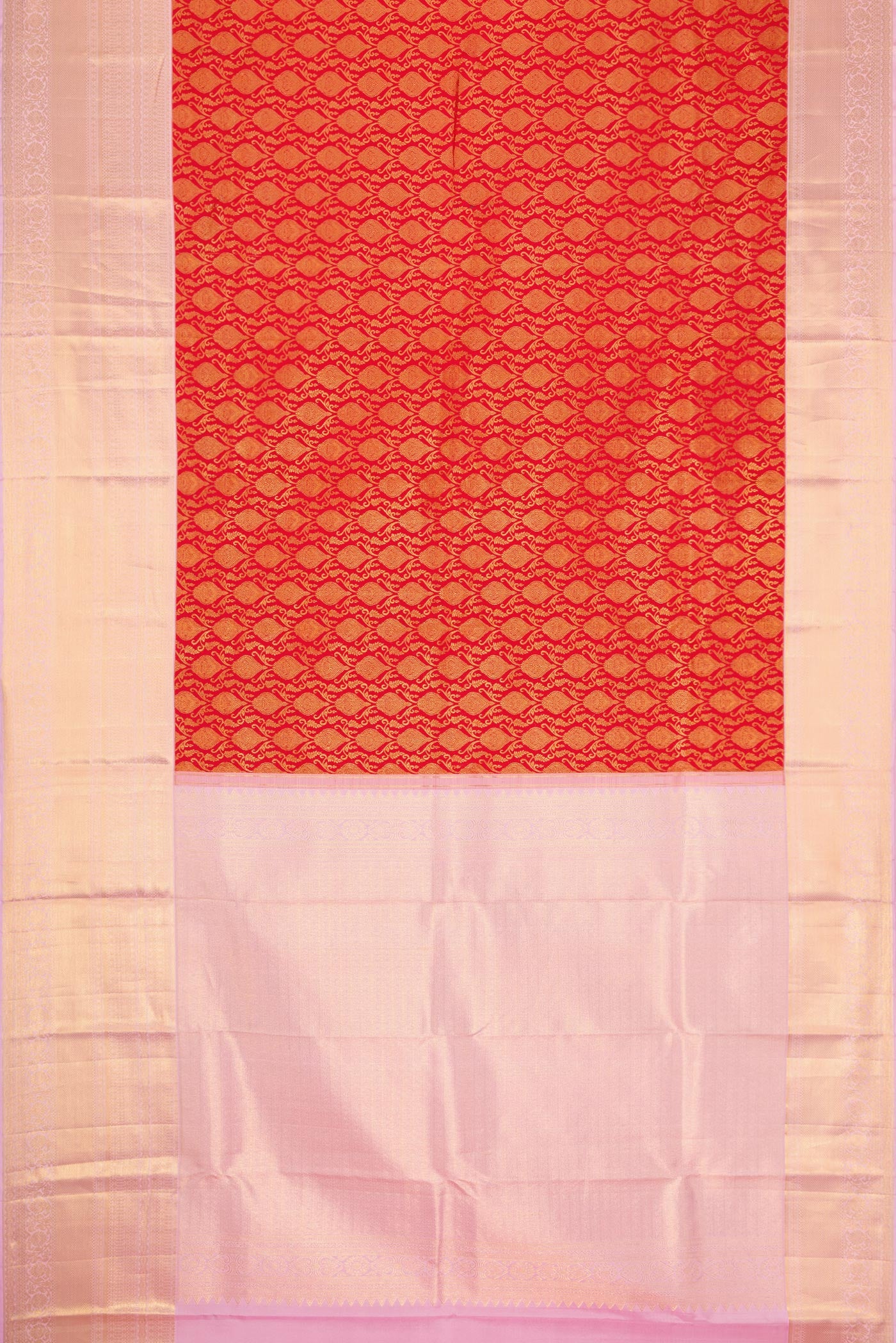 Flat view of Red Dual Tone Kanchipuram Silk Saree with Zari Brocade on the body and Zari Border. 