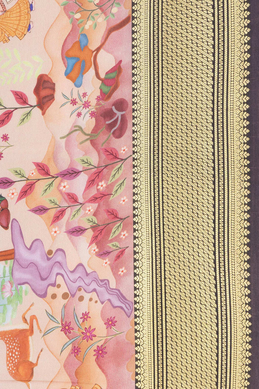 Border image of Off White Dual Tone Mysore Silk Saree with Printed design on the body and Fancy Border. 