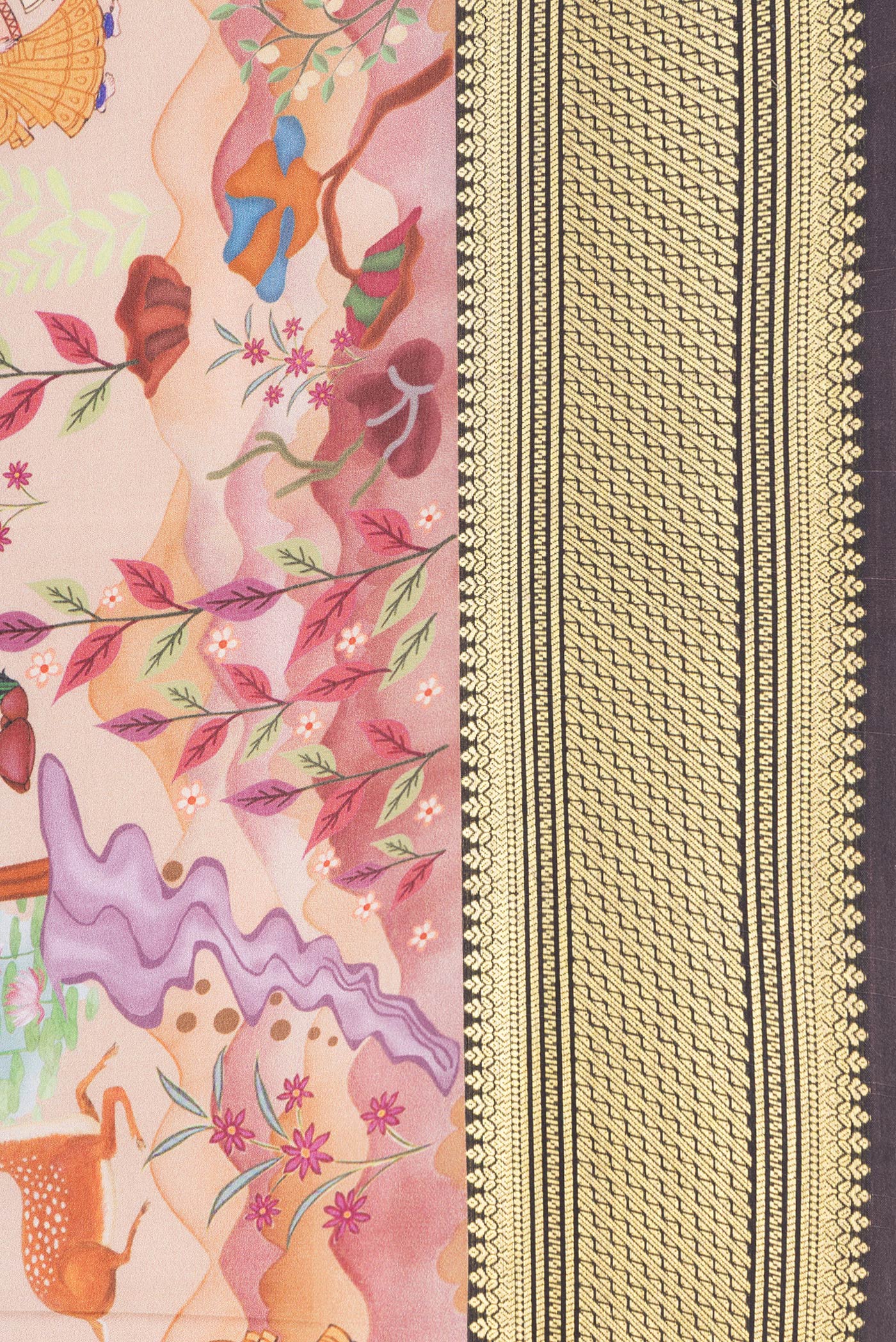 Border image of Off White Dual Tone Mysore Silk Saree with Printed design on the body and Fancy Border. 