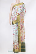 Light Blue Dual Tone Mysore Silk Saree with Printed design on the body and Zari Border.  displayed on a mannequin