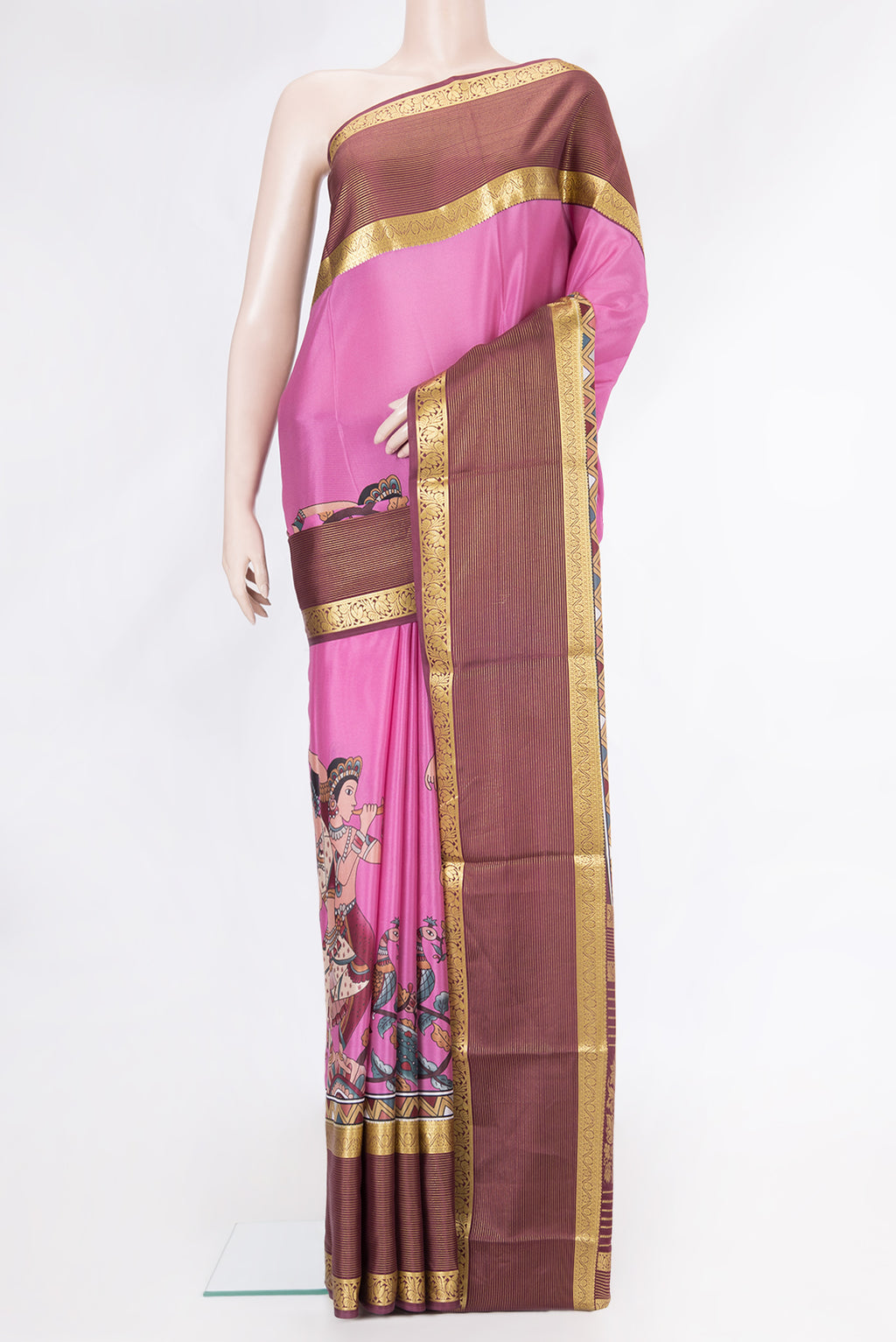Pink Dual Tone Mysore Silk Saree with Plain Body and Zari Border.  displayed on a mannequin