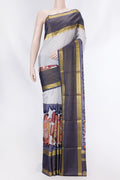 Grey Dual Tone Mysore Crepe Saree with Printed design on the body and Zari Border displayed on a mannequin