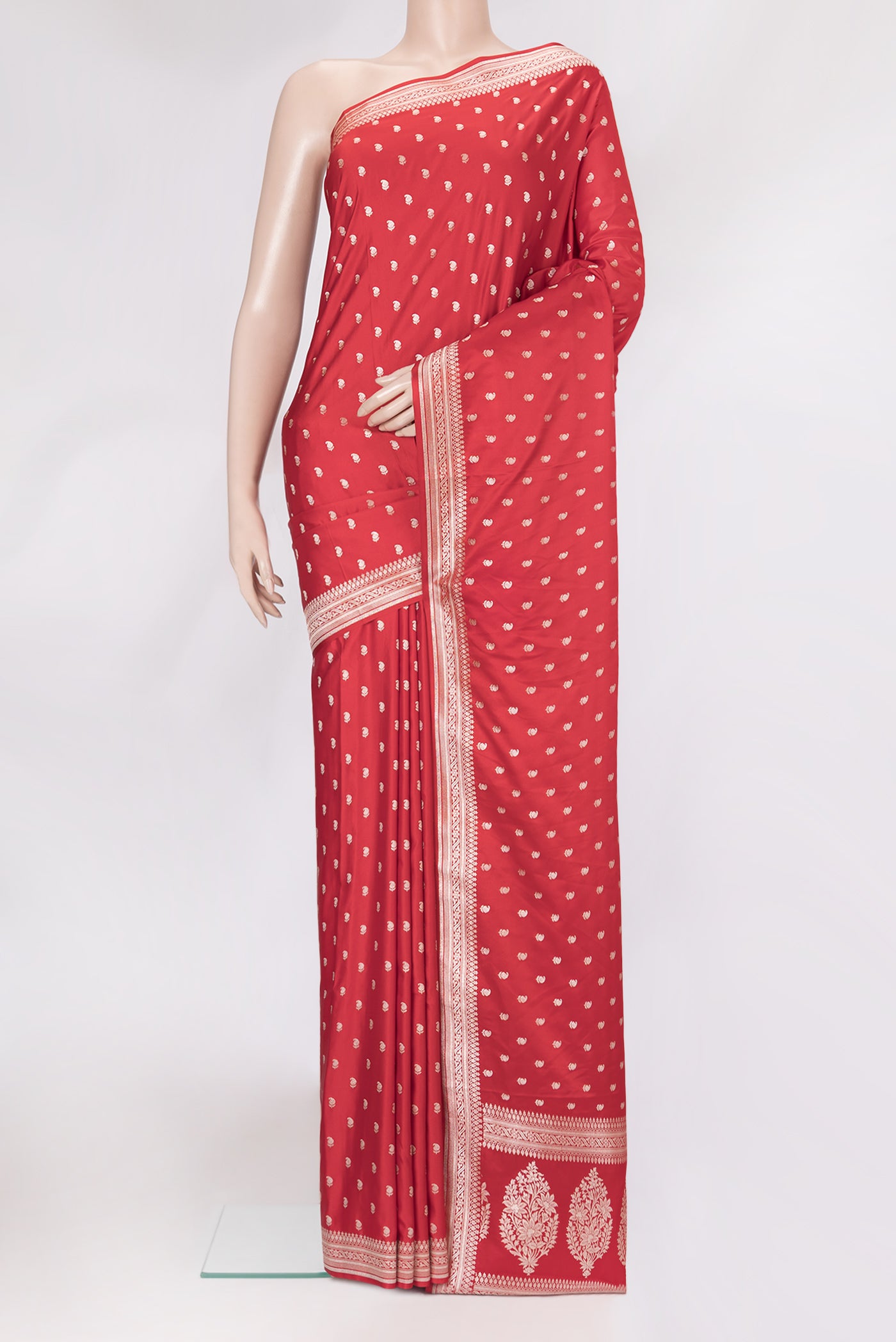 Red Blended Banarasi Silk Saree with Zari Butta on the body and Zari Border.  displayed on a mannequin