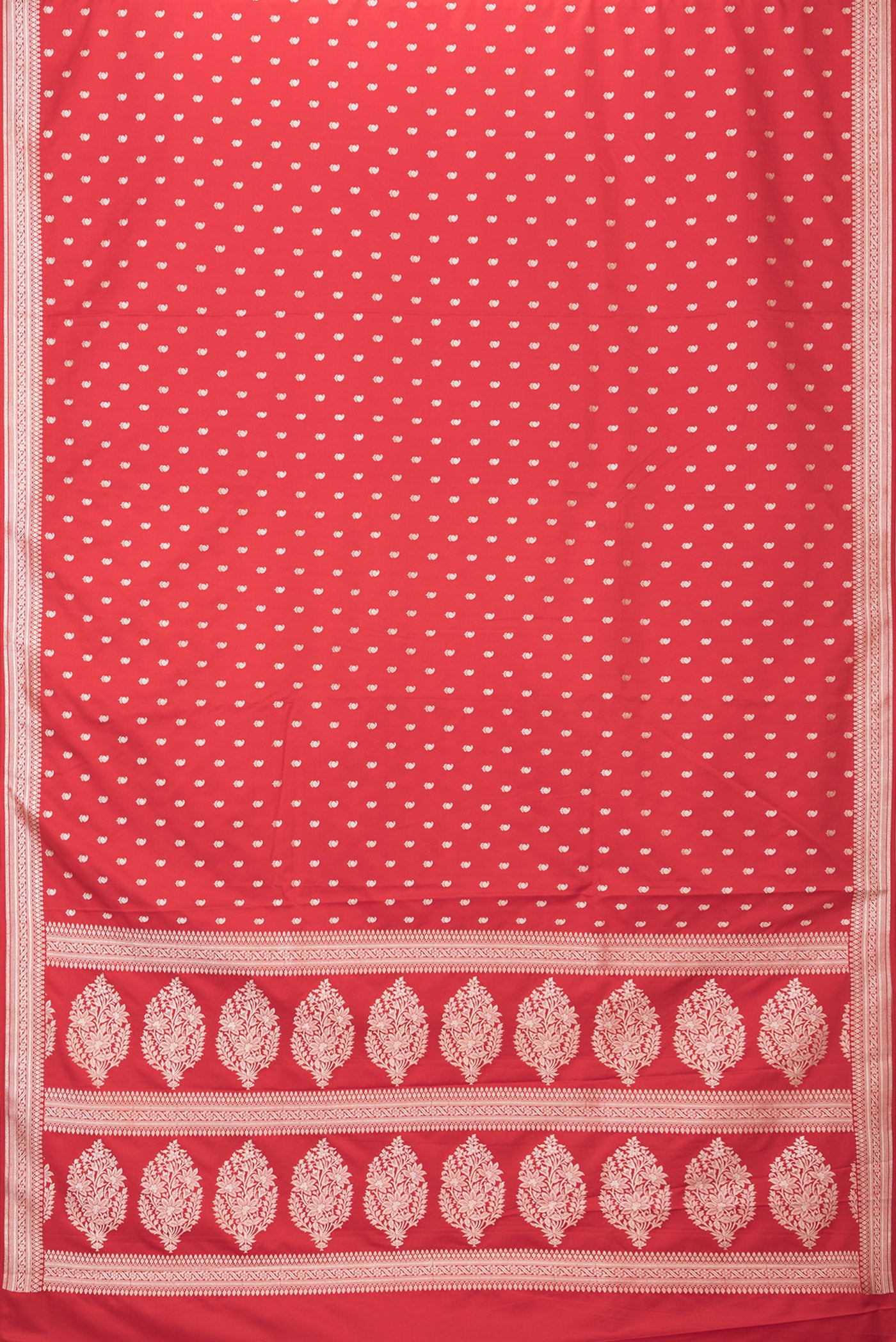 Flat view of Red Blended Banarasi Silk Saree with Zari Butta on the body and Zari Border. 