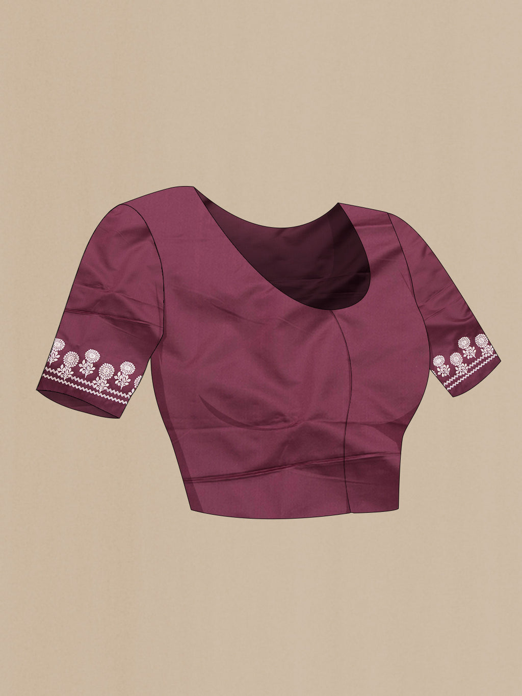 Close up image of the blouse of Burgundy Dual Tone Banarasi Silk Saree with Zari Butta on the body and Zari Border. 