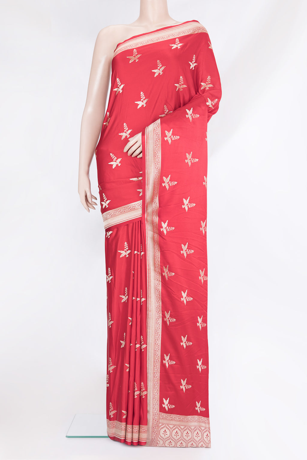 Dark Pink Blended Banarasi Silk Saree with Zari Butta on the body and Zari Border.  displayed on a mannequin