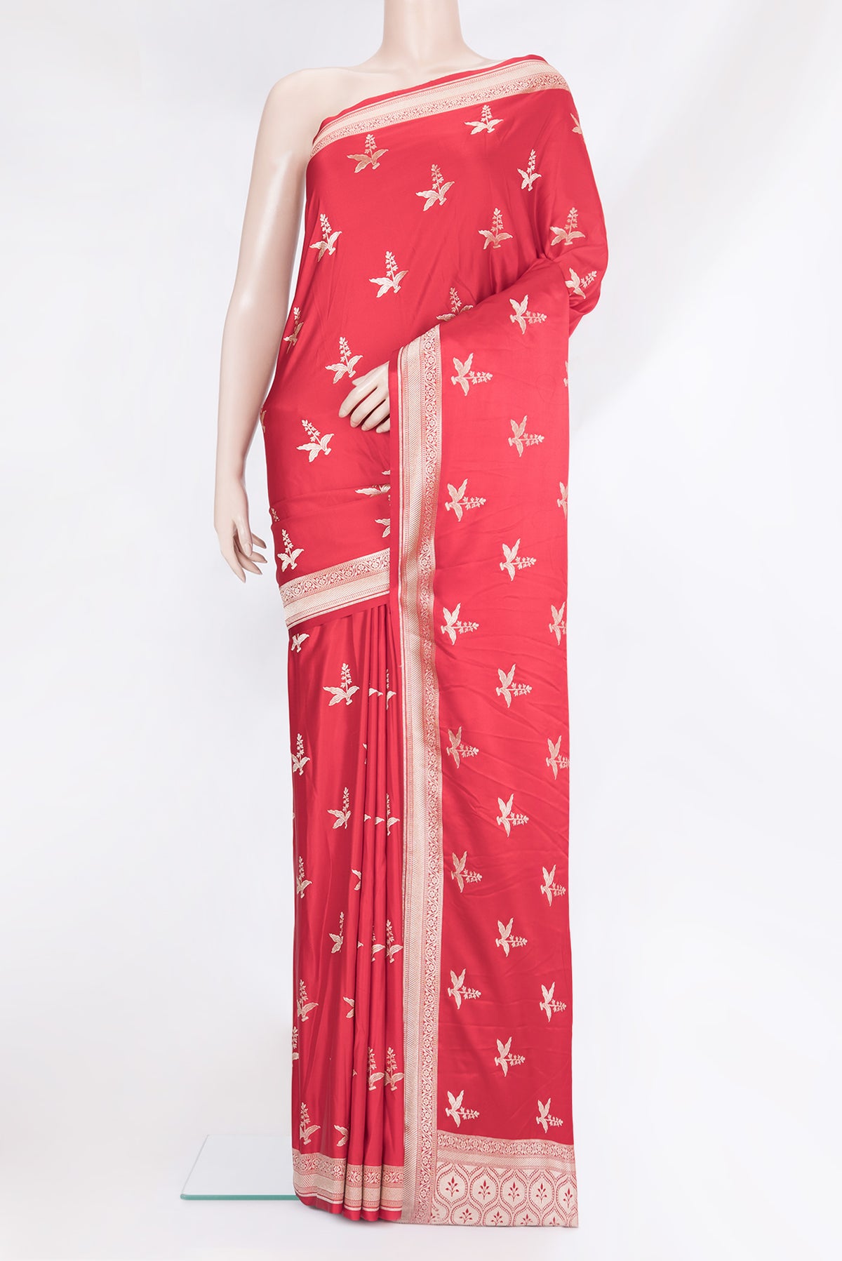 Dark Pink Blended Banarasi Silk Saree with Zari Butta on the body and Zari Border.  displayed on a mannequin