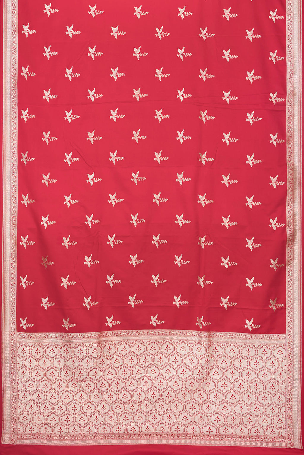 Flat view of Dark Pink Blended Banarasi Silk Saree with Zari Butta on the body and Zari Border. 