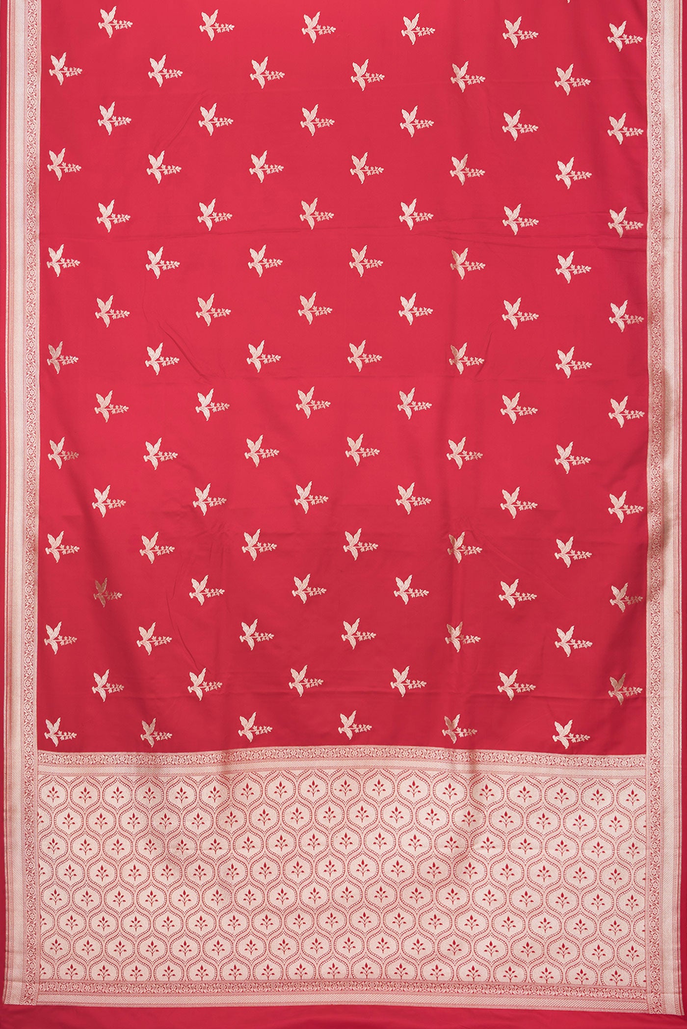 Flat view of Dark Pink Blended Banarasi Silk Saree with Zari Butta on the body and Zari Border. 
