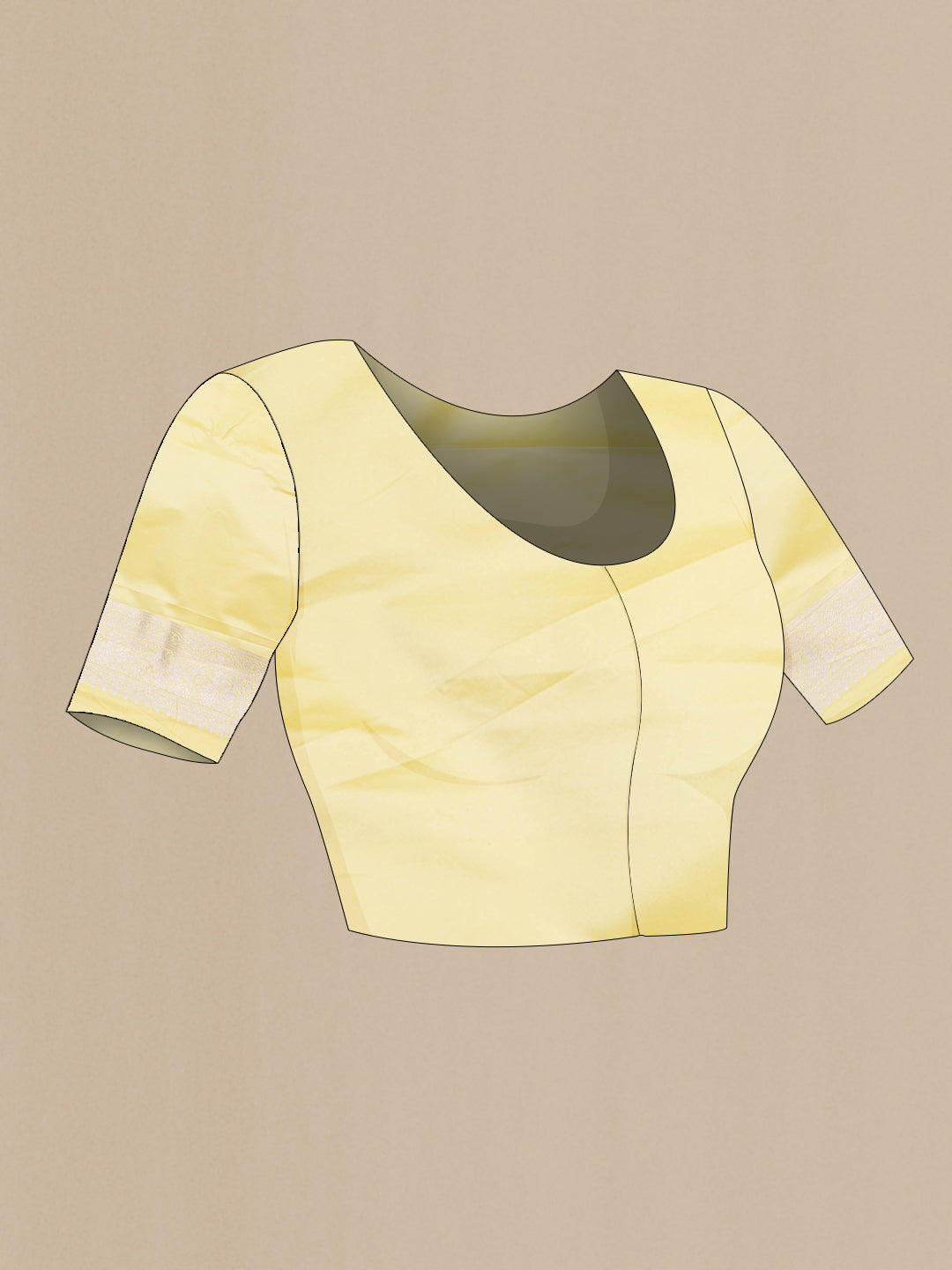 Close up image of the blouse of Lemon Yellow Blended Banarasi Silk Saree with Plain Body and Fancy Border. 