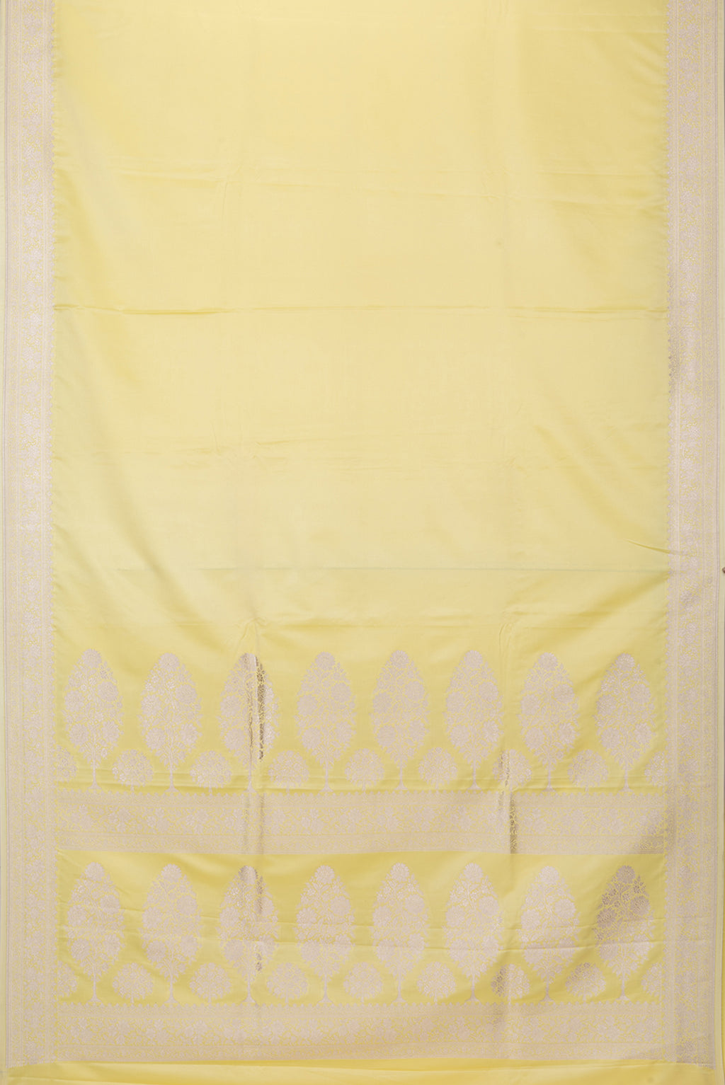 Flat view of Lemon Yellow Blended Banarasi Silk Saree with Plain Body and Fancy Border. 