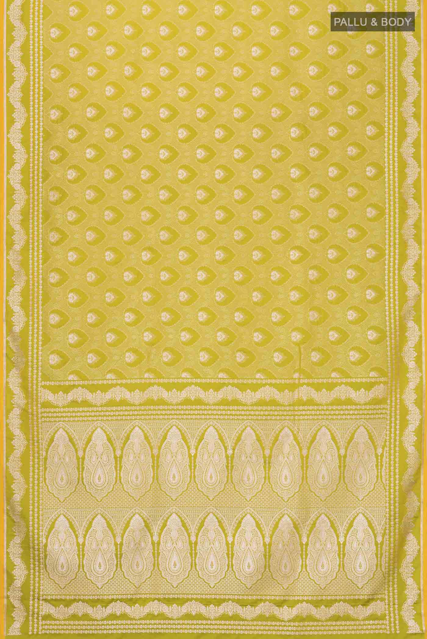 Flat view of Green Blended Banarasi Silk Saree with Zari Butta on the body and Zari Border