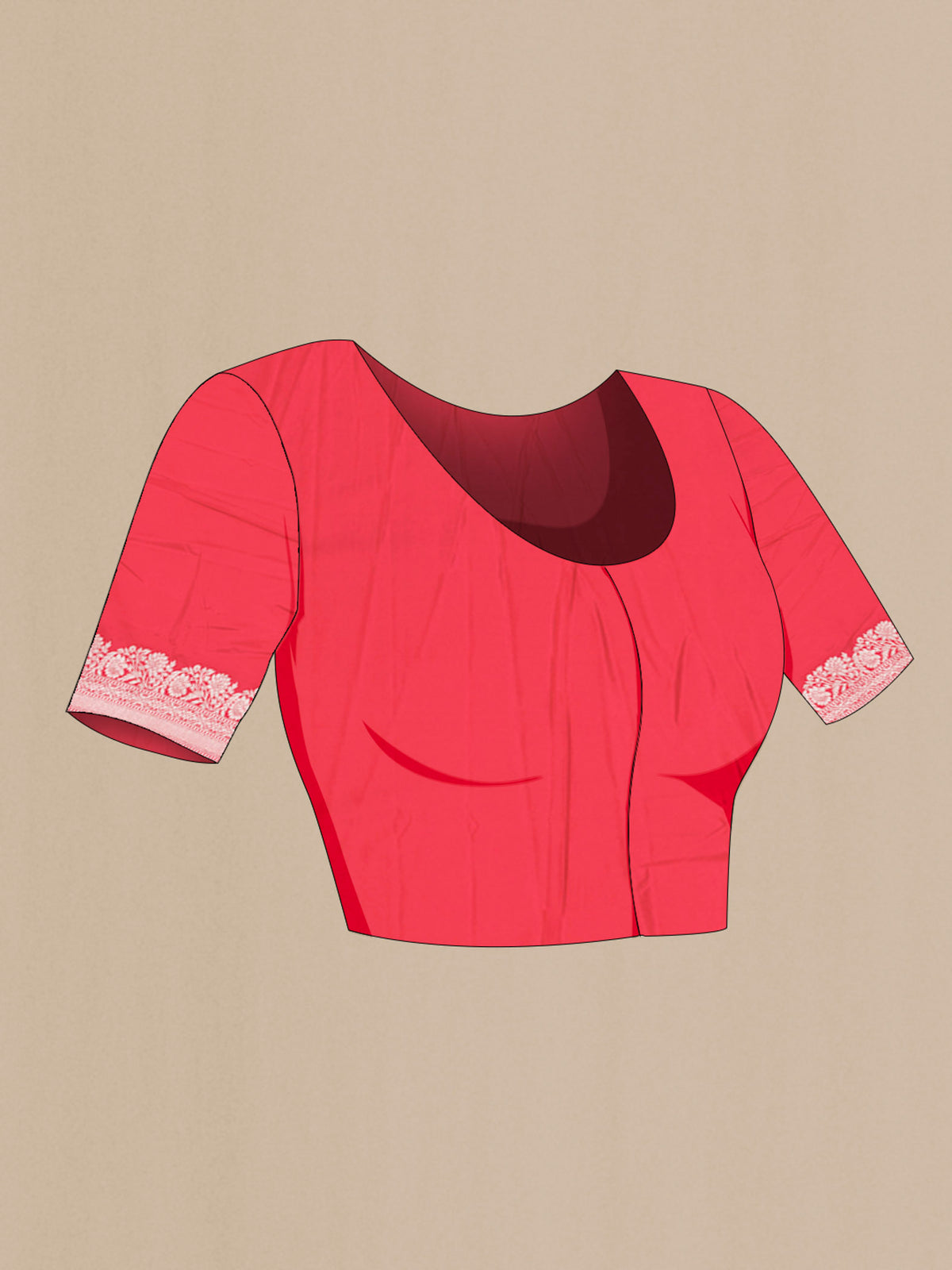 Close up image of the blouse of Red Blended Banarasi Silk Saree with Zari Butta on the body and Zari Border