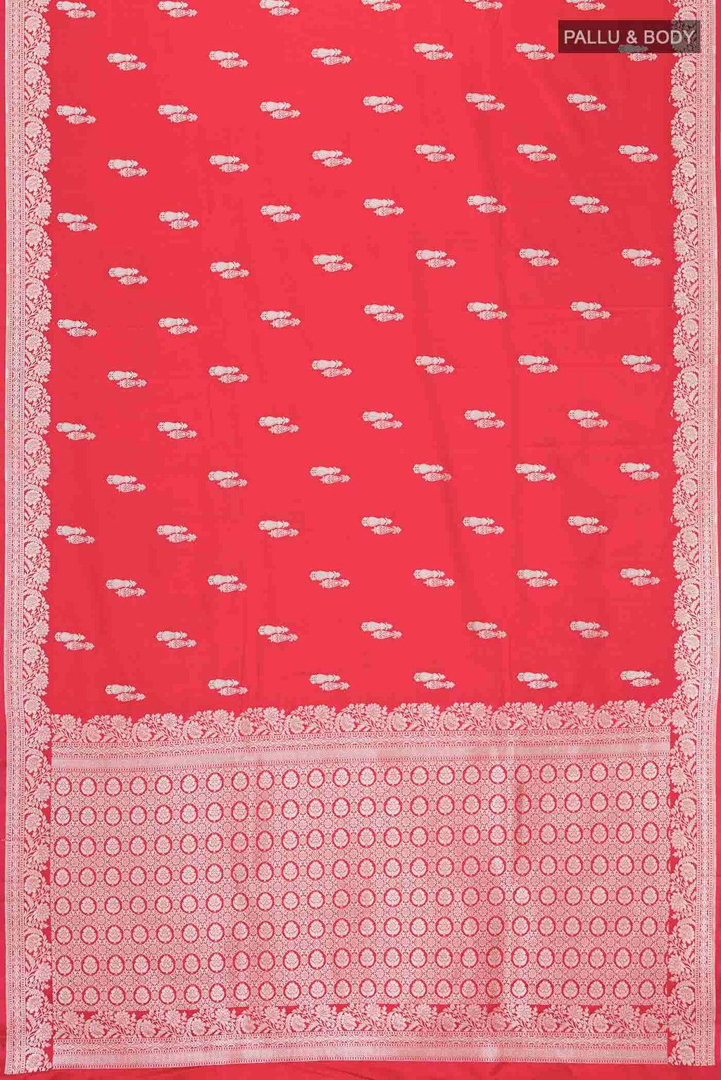 Flat view of Red Blended Banarasi Silk Saree with Zari Butta on the body and Zari Border
